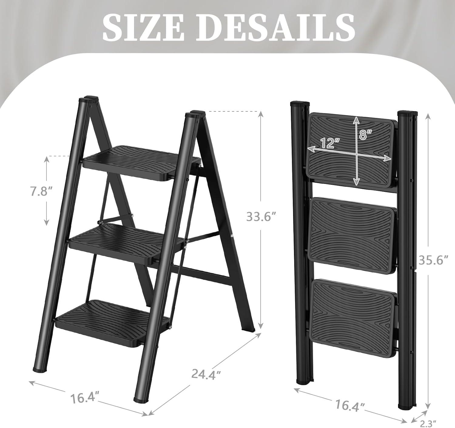 Black 3-Step Folding Ladder with Anti-Slip Pedals