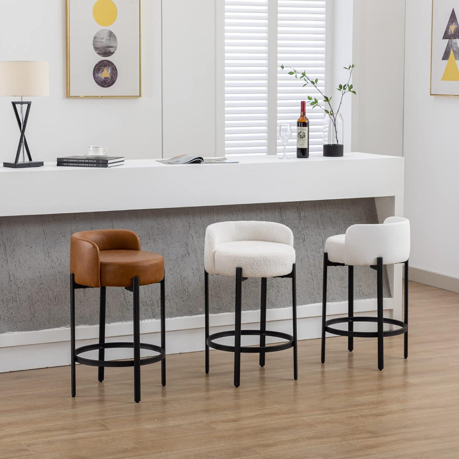Modern Bar stools Set of 2, 26 Inch Sherpa Fabric Counter Height Barstools with Low Back, Upholstered Round Shape Kitchen Island Stools with Black Metal Legs for Dining Room Bar, White