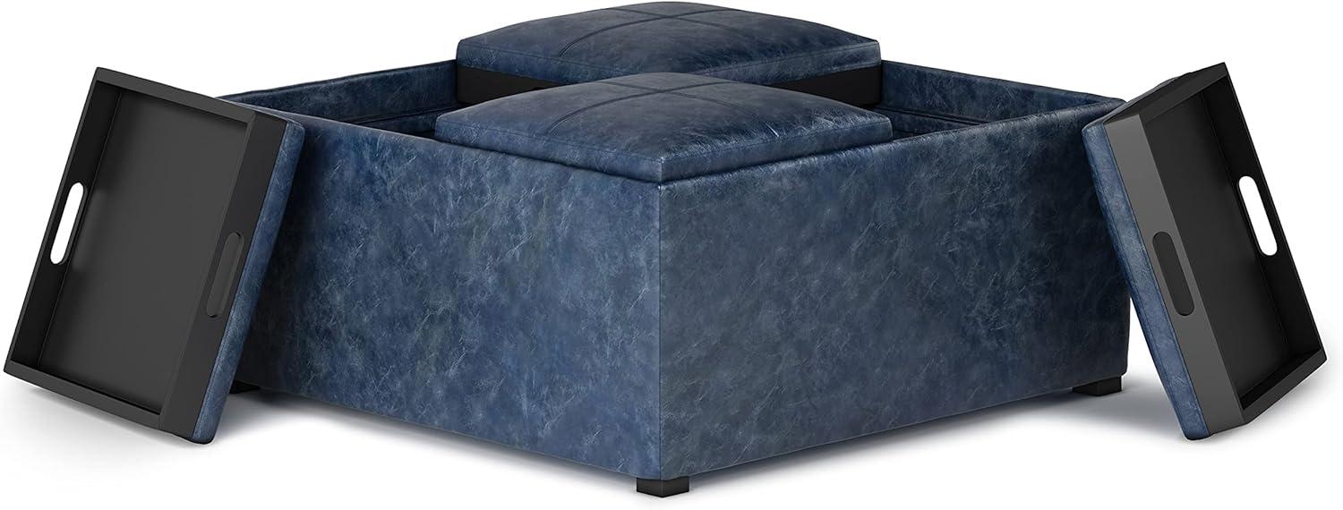 Avalon Denim Blue Square Storage Ottoman with Flip Trays