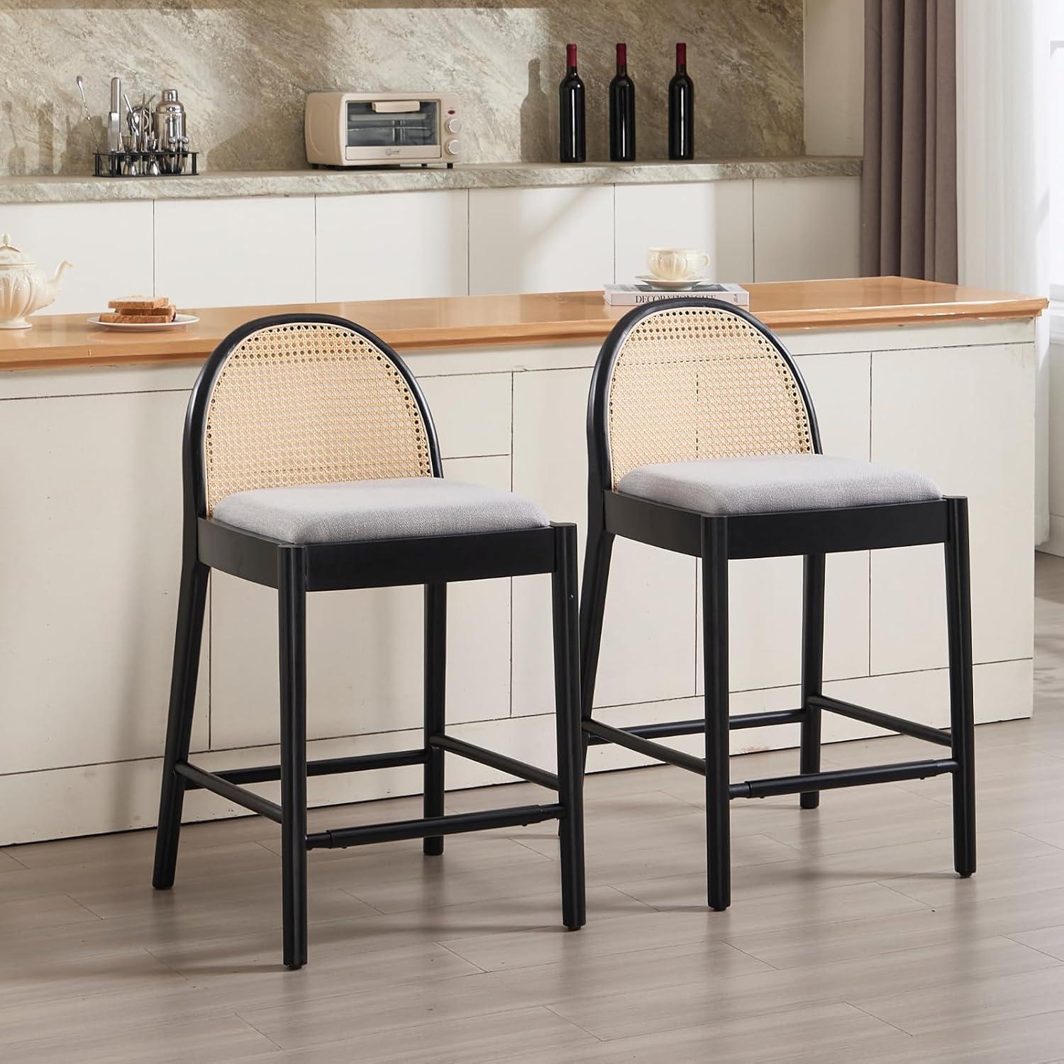 Bayou Breeze Emington Modern Stools with Rattan Backrests and Wood Frame (Set of 2)