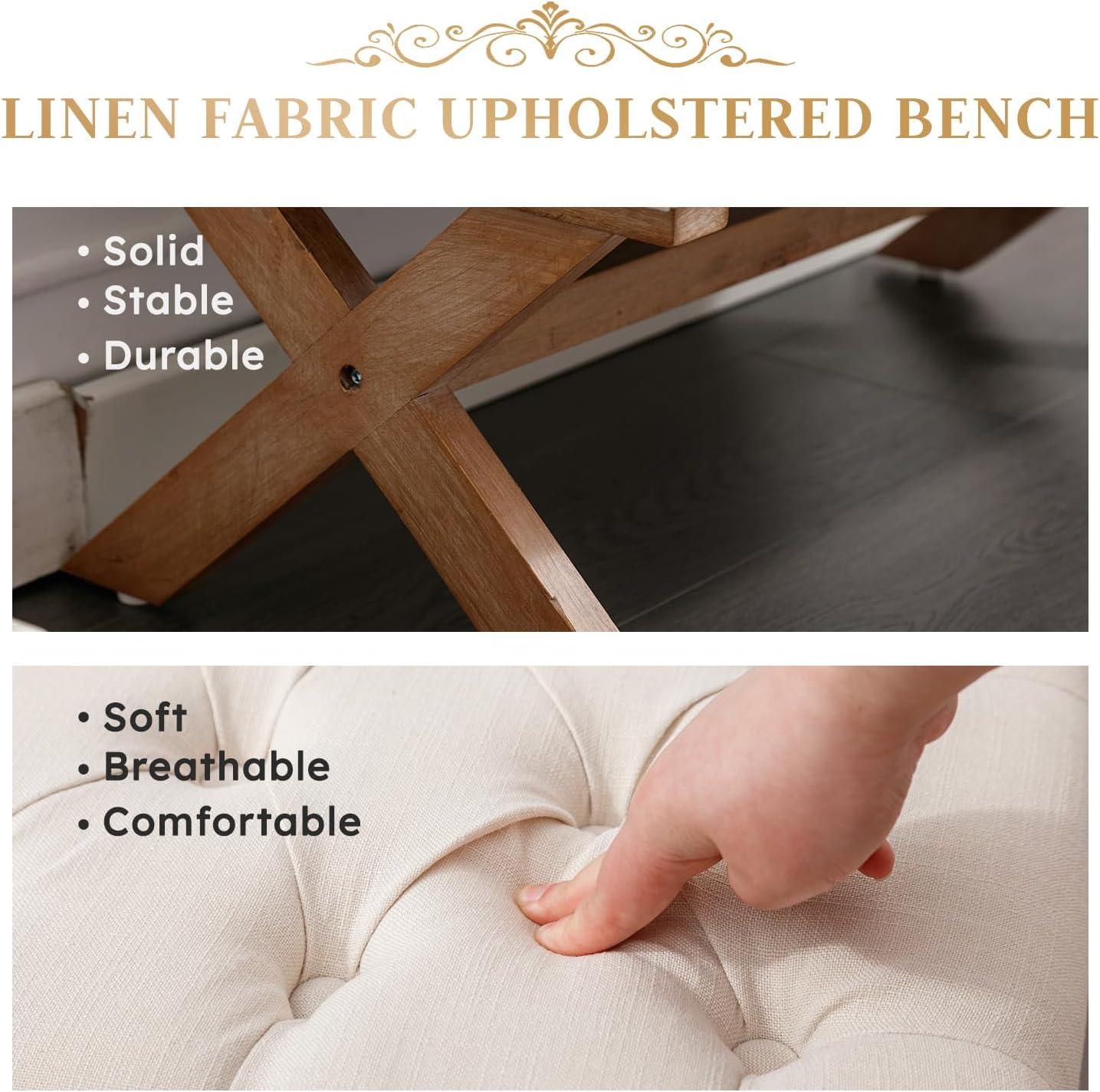 Beige Tufted Linen Storage Bench with X-Shaped Legs