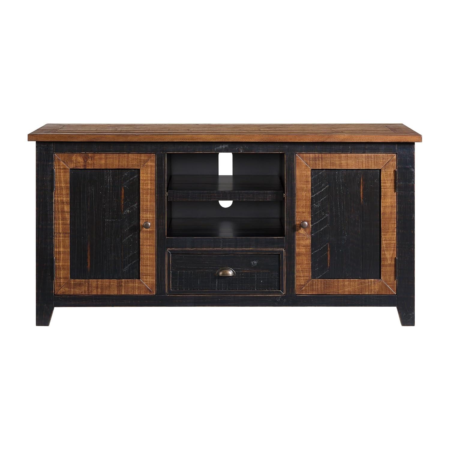 The Gray Barn  Downington Solid Wood 60-inch TV Stand Black and Honey Pine Finish, Wood Finish Adjustable Shelving Nautical & Coastal, Rustic
