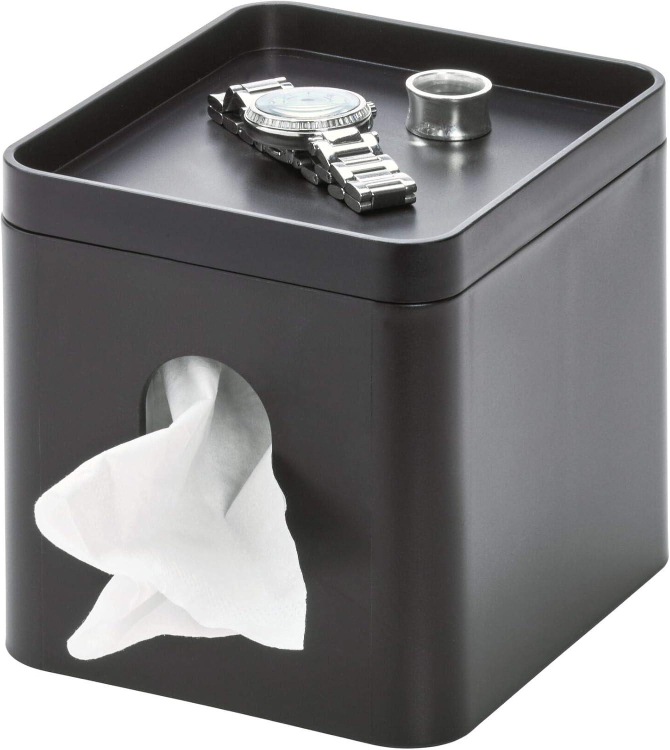 Matte Black Square Tissue Box Cover with Storage Tray