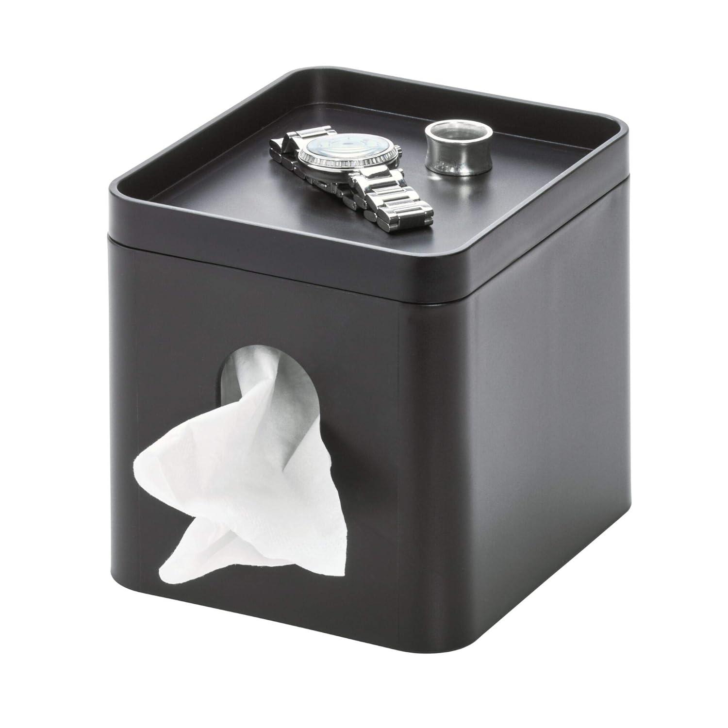 iDesign Facial Tissue Box Cover with Storage Tray, The Cade Collection – 6.1" x 5.15" x 5.4", Matte Black