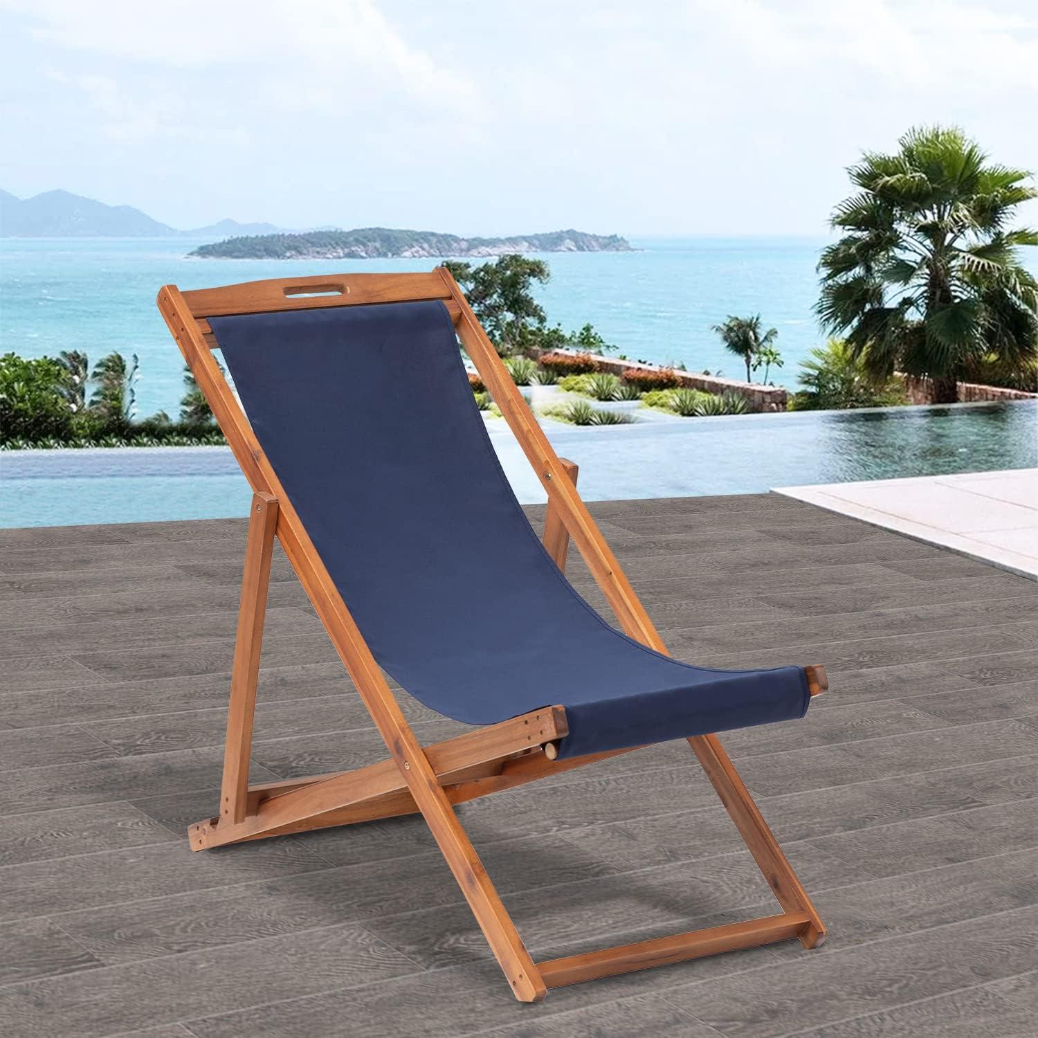 FDW Beach Sling Patio Chair for Relaxing, Foldable with Adjustable Height Made from Eucalyptus Wood with White Polyester,Khaki