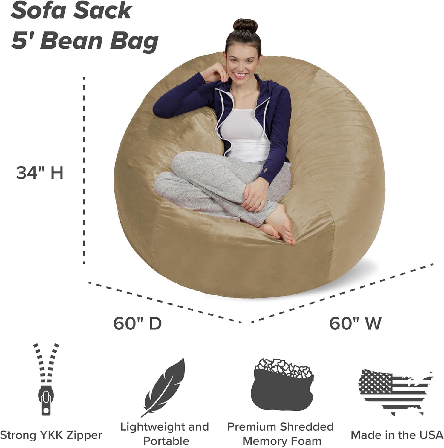 Sofa Sack Bean Bag Chair, Memory Foam Lounger with Microsuede Cover, Kids, Adults, 5 ft, Camel