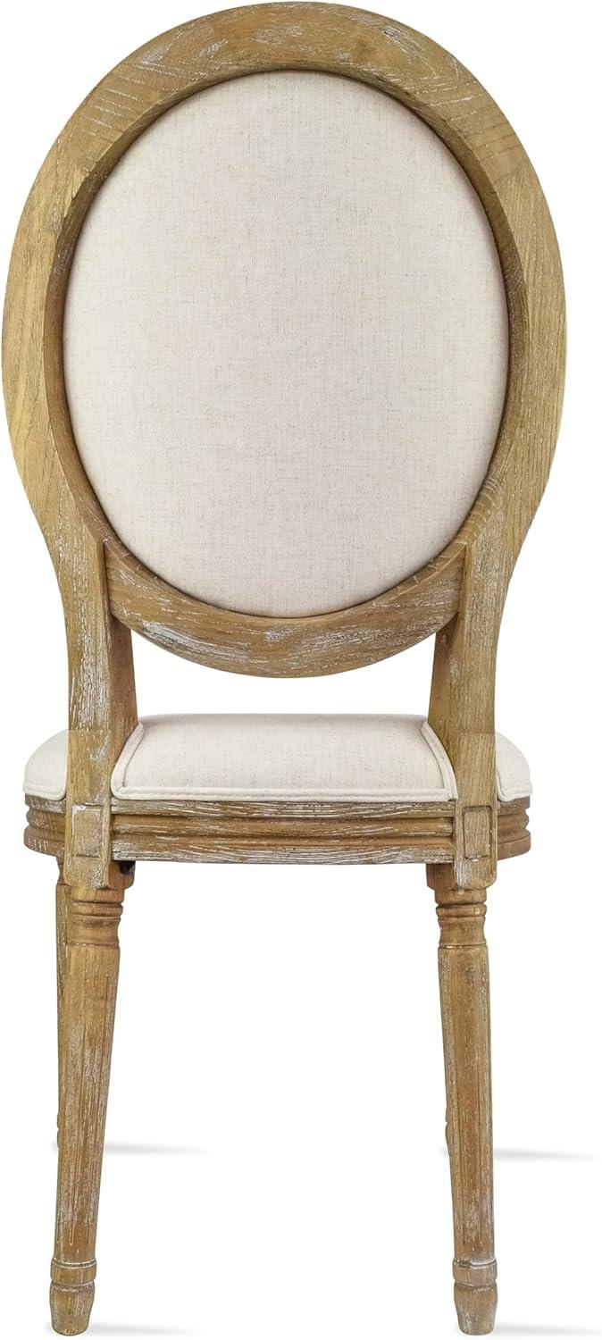 2xhome - French Chic Vintage Style Dining Side Chair With Upholstered Linen Welted Fabric And Elegant Natural Rustic Wood Frame - Tufted Button Oval Back