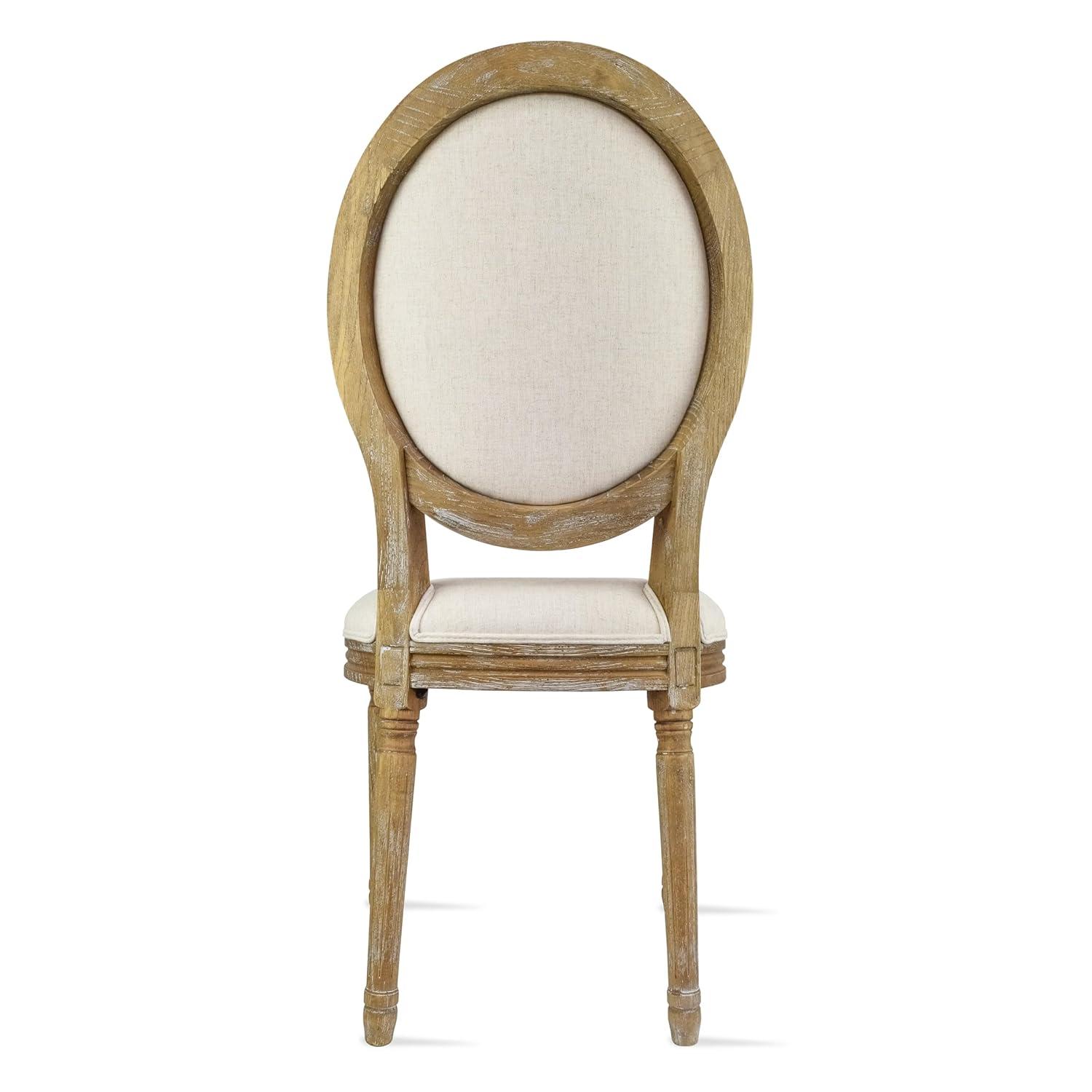 2xhome - French Chic Vintage Style Dining Side Chair With Upholstered Linen Welted Fabric And Elegant Natural Rustic Wood Frame - Tufted Button Oval Back