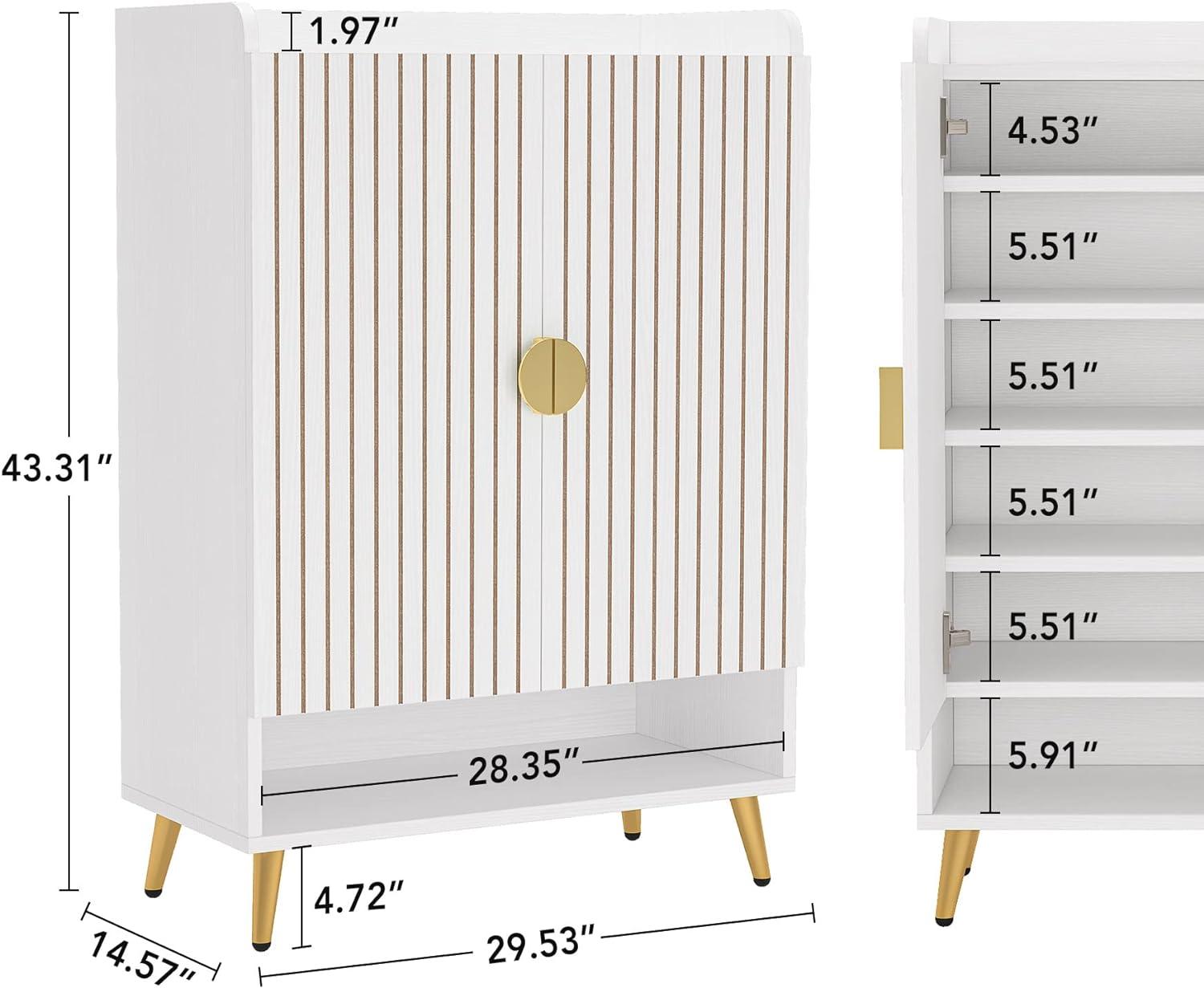 Shoe Cabinet with Doors, 6-Tier Shoe Storage Cabinet with Adjustable Shelves, Wooden Shoes Rack Shoe Storage Organizer for Entryway, Hallway, Closet, Living Room, White & Gold