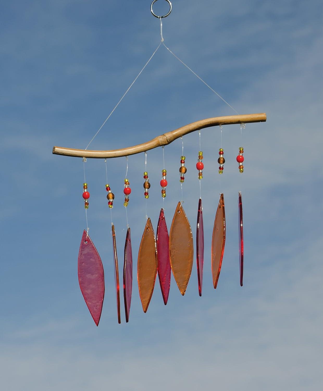 Fiery Red and Orange Glass Bead Wind Chime with Bamboo Hanger