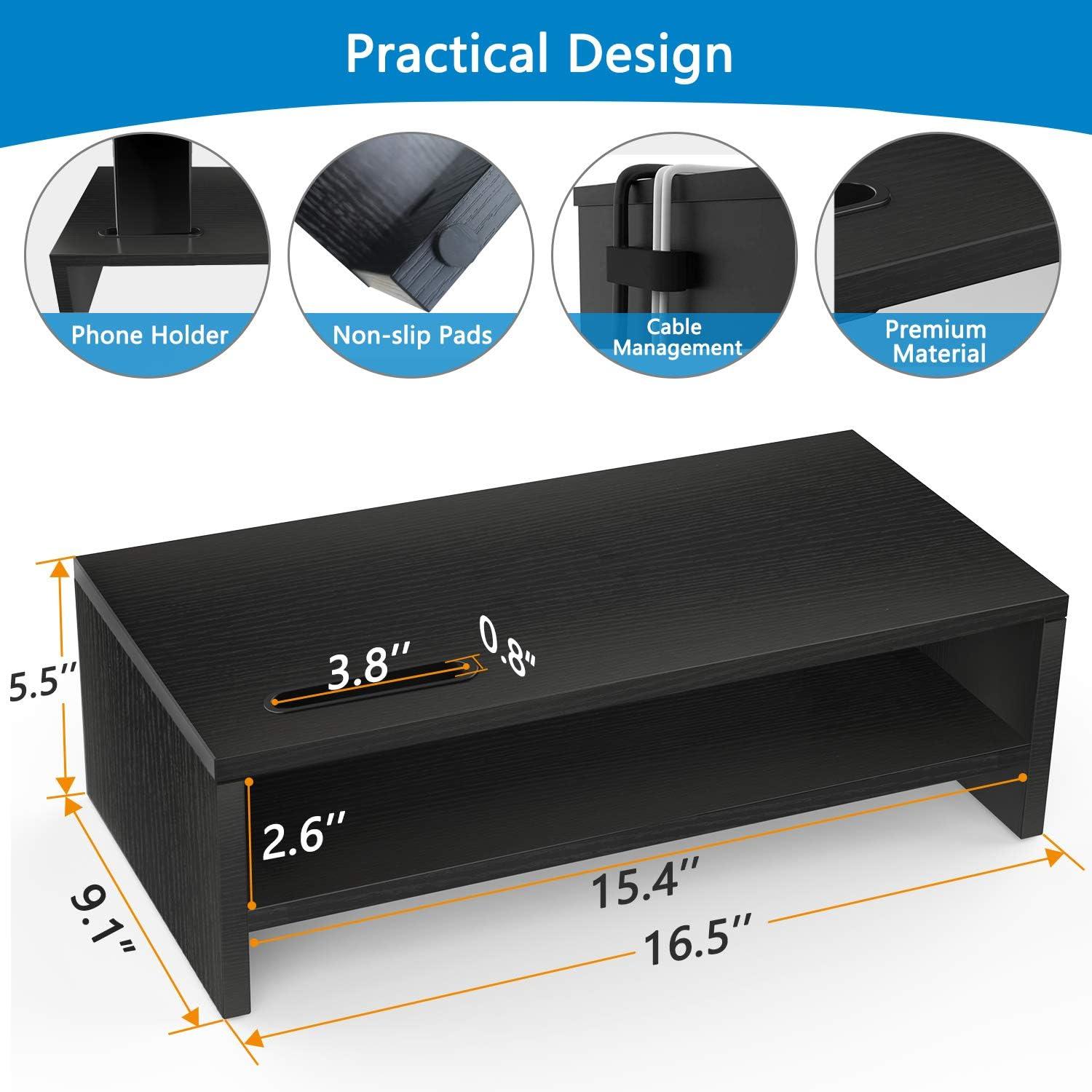 Black 2-Tier Ergonomic Wood Monitor Stand Riser