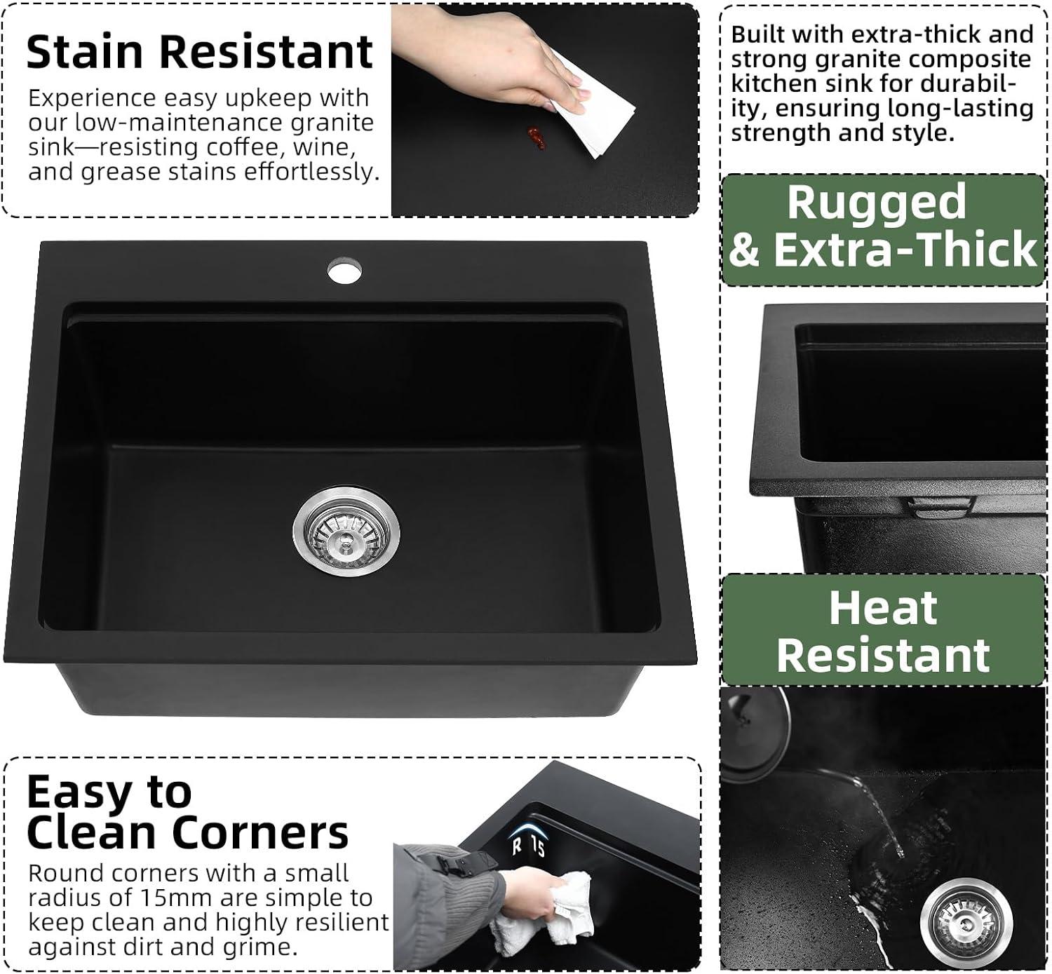 Davivy 33 Inch Black Granite Composite Kitchen Sink Workstation, 33 X 22 Quartz Composite Dual Mount Sink, Matte Black Composite Single Bowl Sink