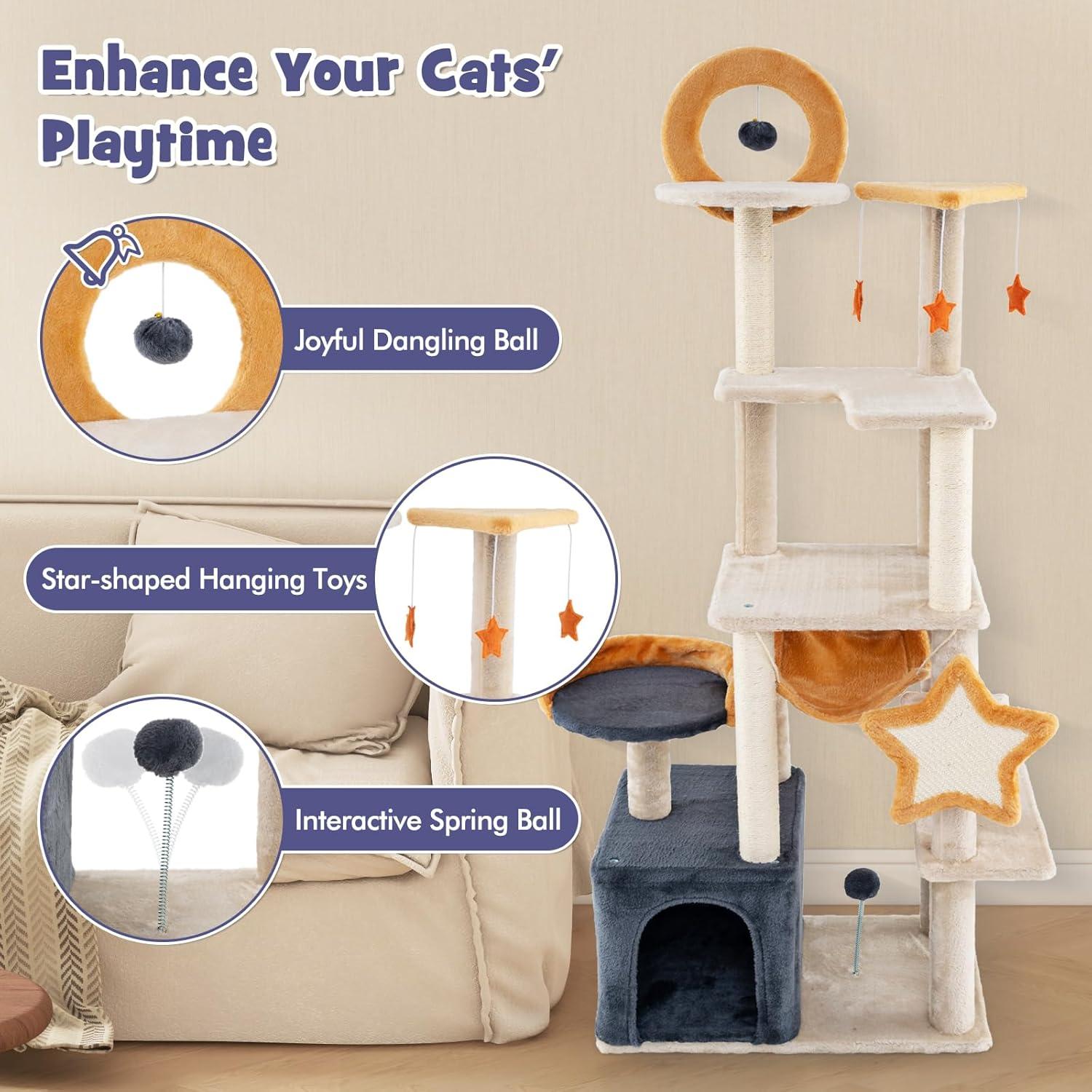 PawHut Cat Tree, 63 Inch Moon and Star Themed Cat Tower with Scratching Post, Hammock, Condo, Bed, Scratching Board & Cat Toys, Beige