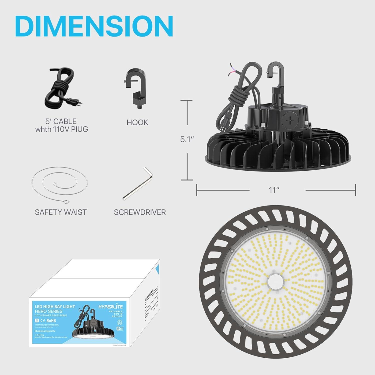 HYPERLITE UFO Led High Bay Light 150W 21,750lm 5000K 1-10V Dimmable High Bay Led Lights UL Listed US Hook 5' Cable Led High Bay Lights Alternative to 650W MH/HPS for Gym Factory Warehouse