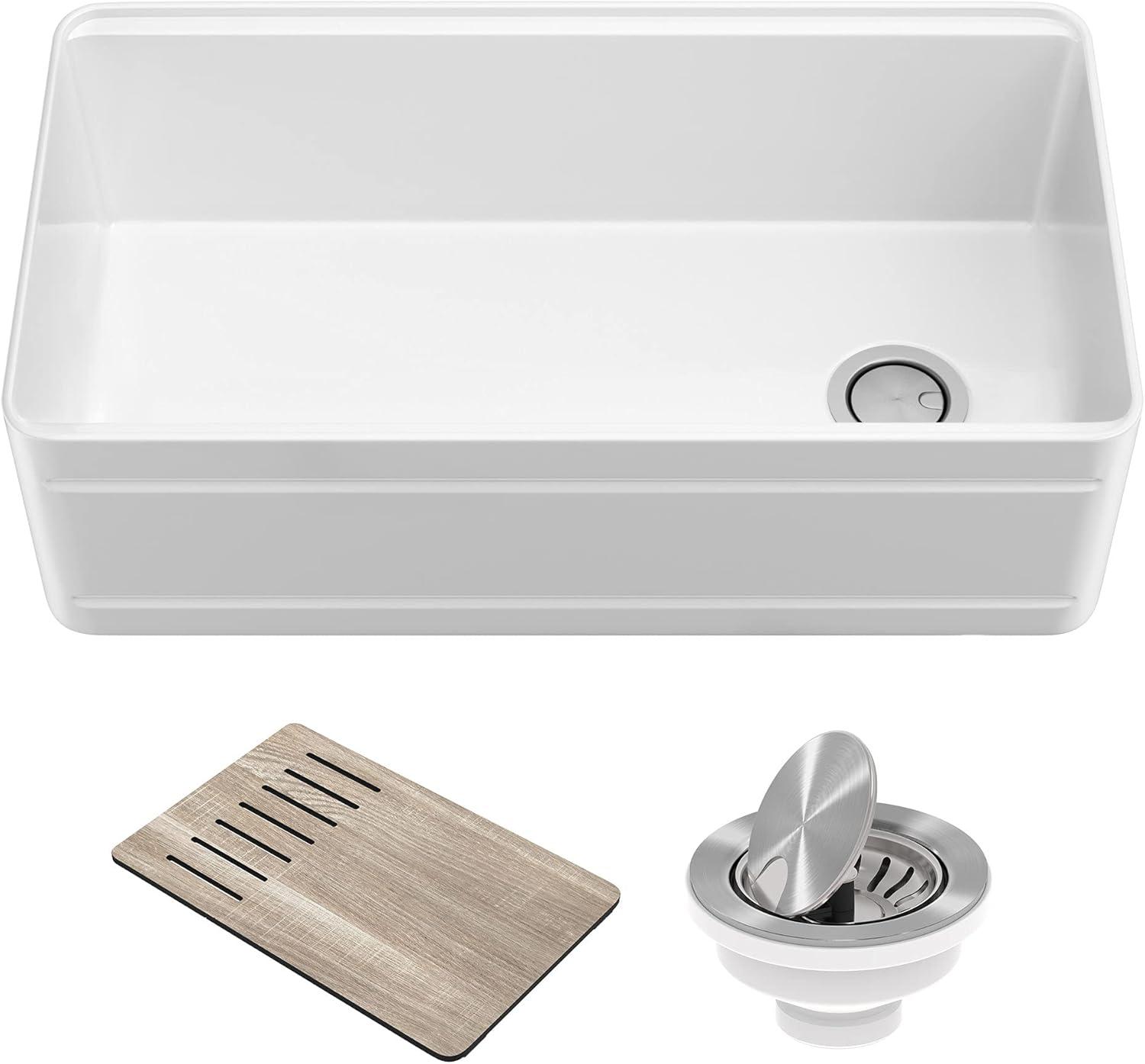 Gloss White Fireclay Farmhouse Single Bowl Kitchen Sink with Accessories