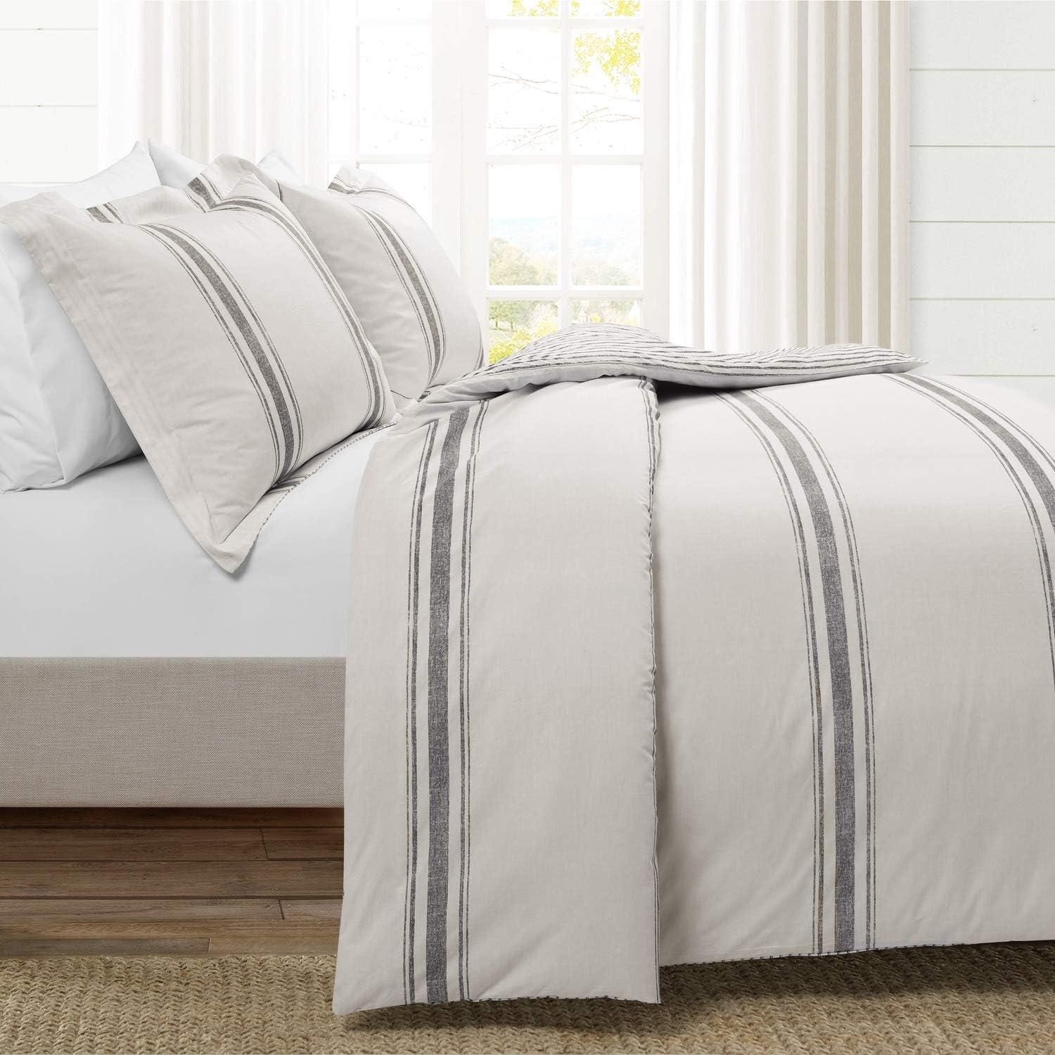 Gray Cotton Full/Queen Farmhouse Stripe Reversible Duvet Cover Set