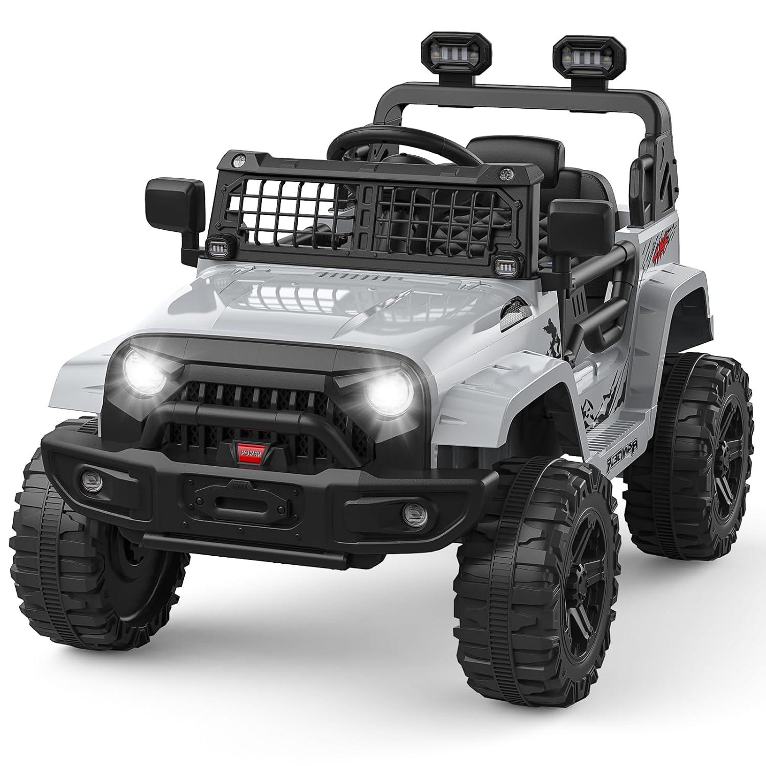Ride on Truck Car 12V Kids Electric Vehicles with Remote Control Spring Suspension, LED Lights, Bluetooth, 2 Speeds