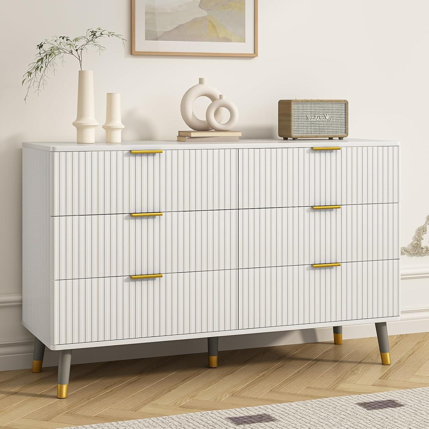 White Fluted 6-Drawer Dresser with Gold Handles