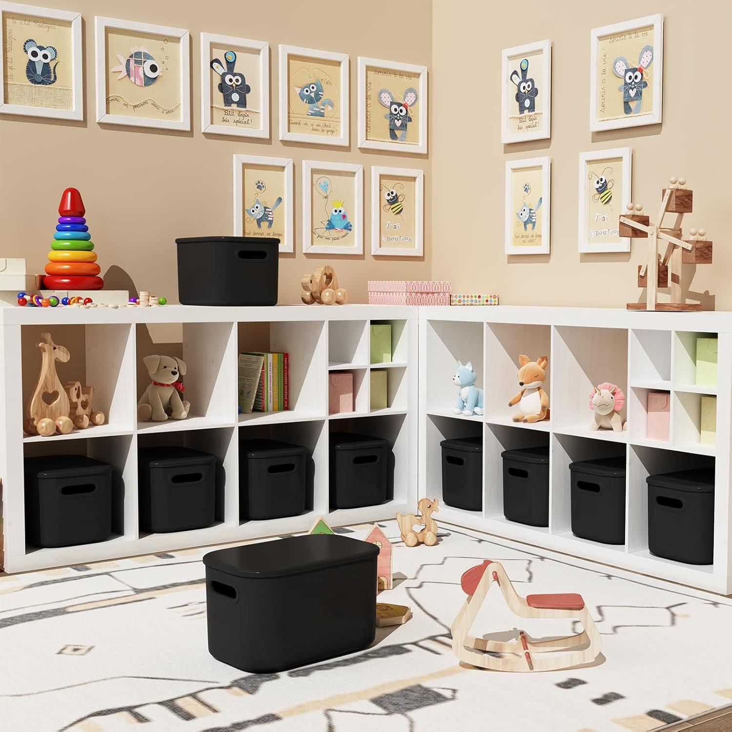 8 Pieces Colorful Storage Bins with Lid and Handle, Plastic Stackable Baskets Desktop Cube Box Cubby Bins Containers for Shelf Cabinet Bedroom Office (Multi-colored,14.2 x 10.2 x 9.5 Inch)