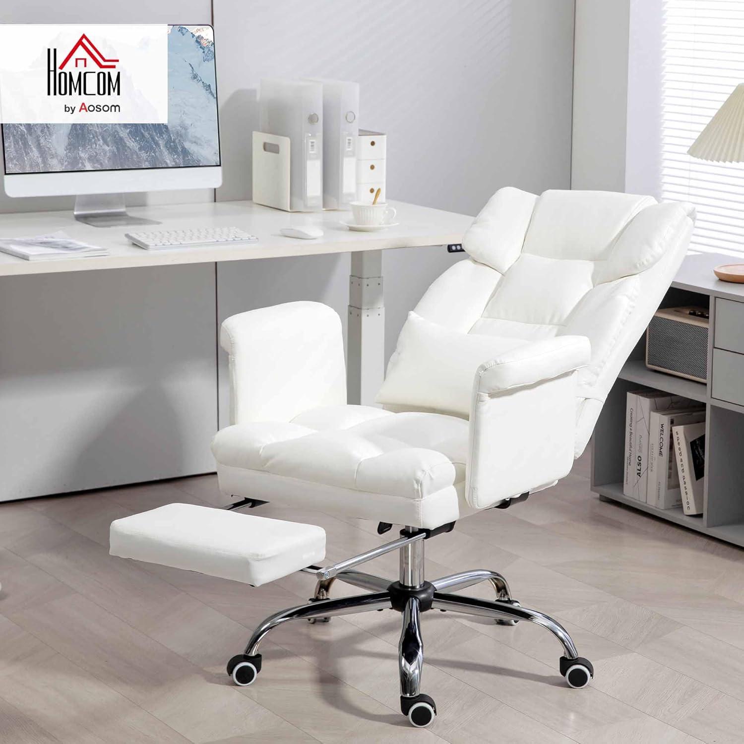 HOMCOM Executive Office Chair with Footrest and Lumbar Support, PU Leather Office Desk Chair, Ergonomic, Reclining and Swivel Chair, White