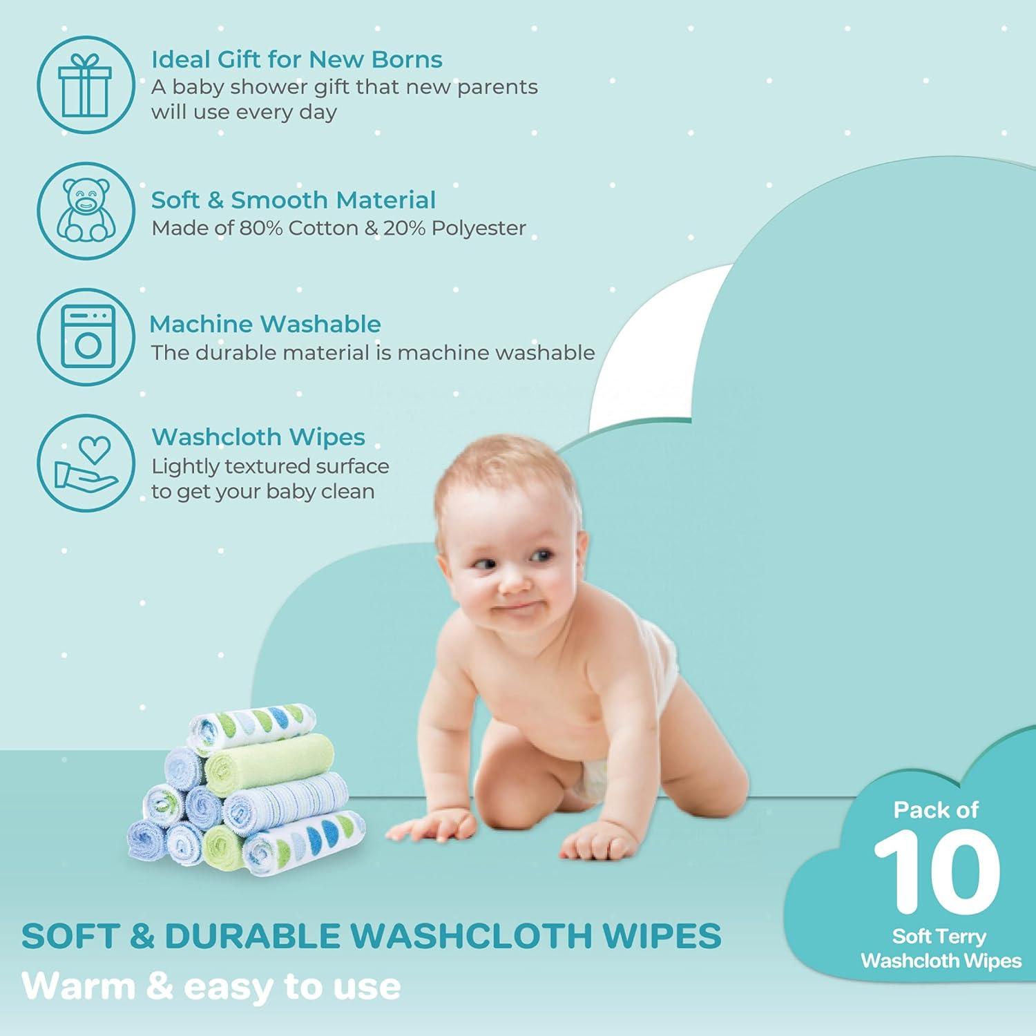 Spasilk Baby Washcloth Wipes Set for Infant Boys and Girls, Terry Bath Scrub, Pack of 10, Blue Dots