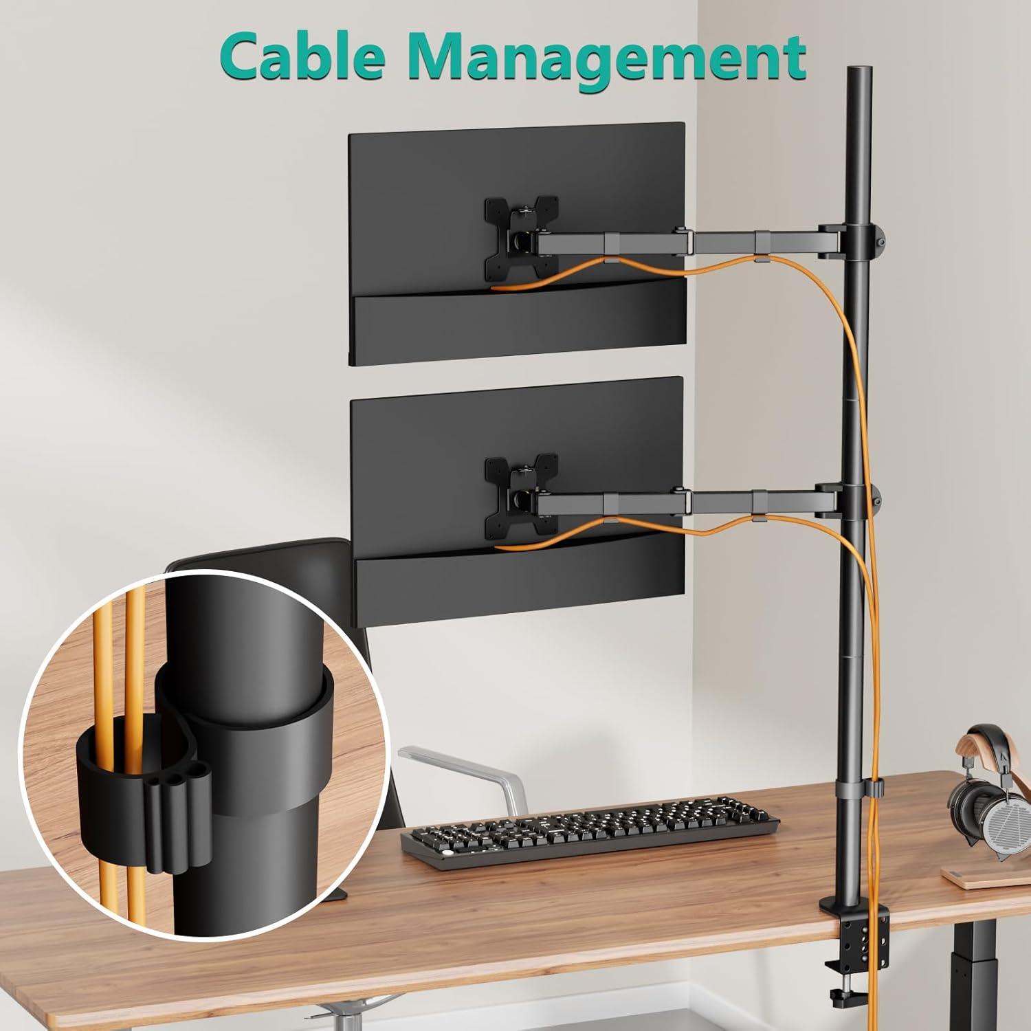 Black Dual Vertical Monitor Desk Mount with Adjustable Arms