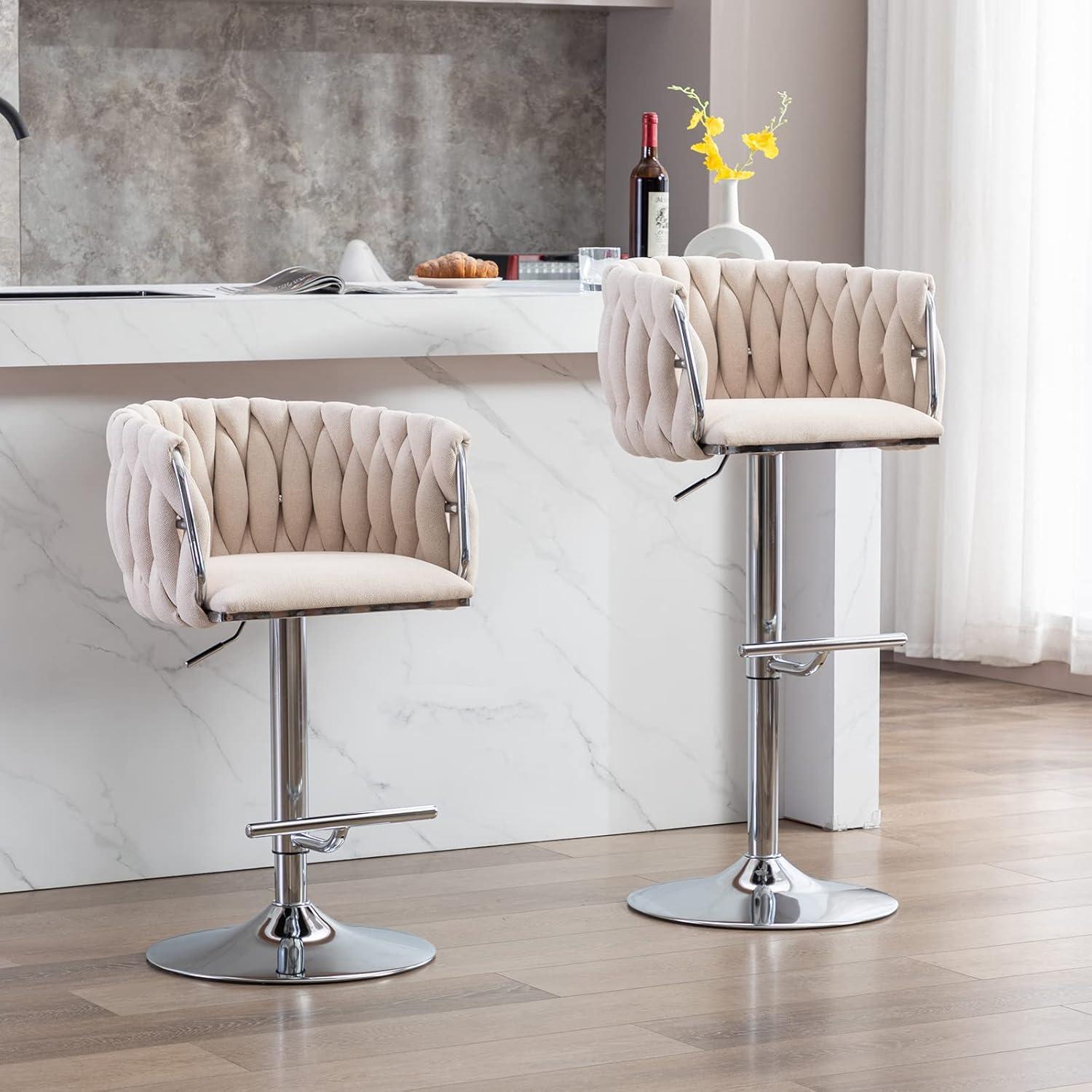 Everly Quinn Swivel Adjustable Height Bar Stool Modern Velvet Barstool with Barrel Back Kitchen Island Counter Bar Chair with Golden Base