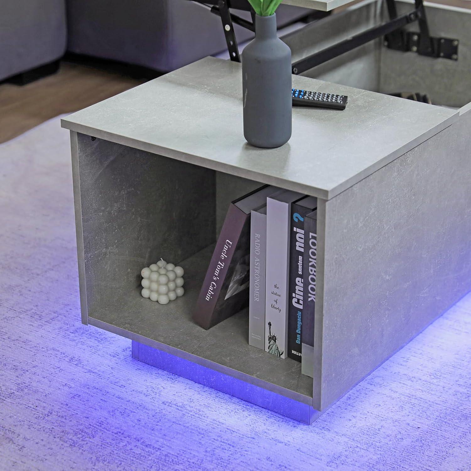 Grey Lift-Top Coffee Table with LED Lights and Storage