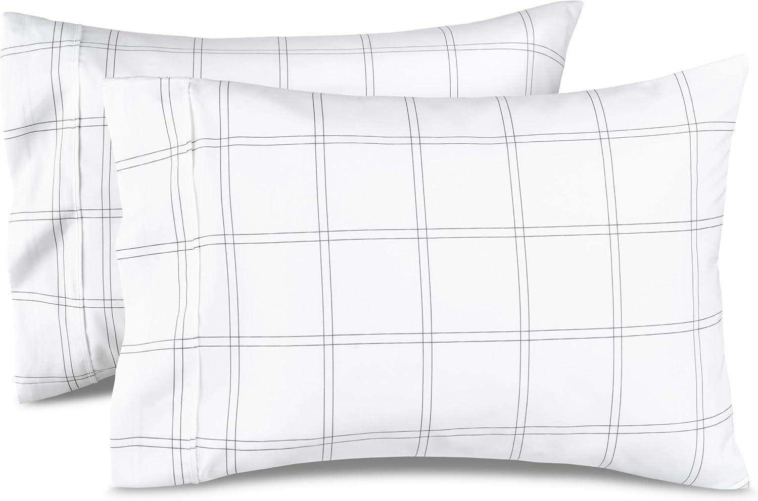 Microfiber King - Open End - 20 x 40 Modern Plaid - White/Grey Pillowcase Set by Bare Home