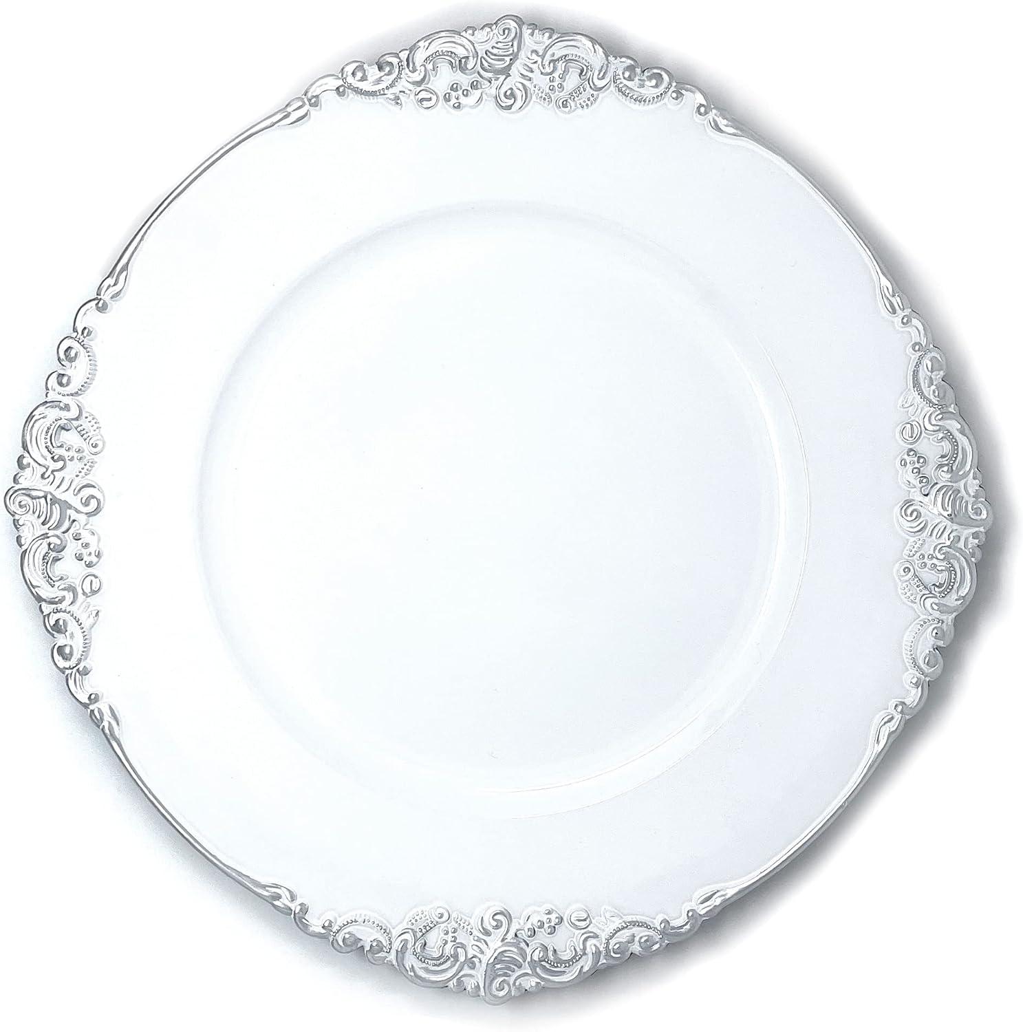 White and Silver Floral Trim 13-Inch Round Charger Plates, Set of 6