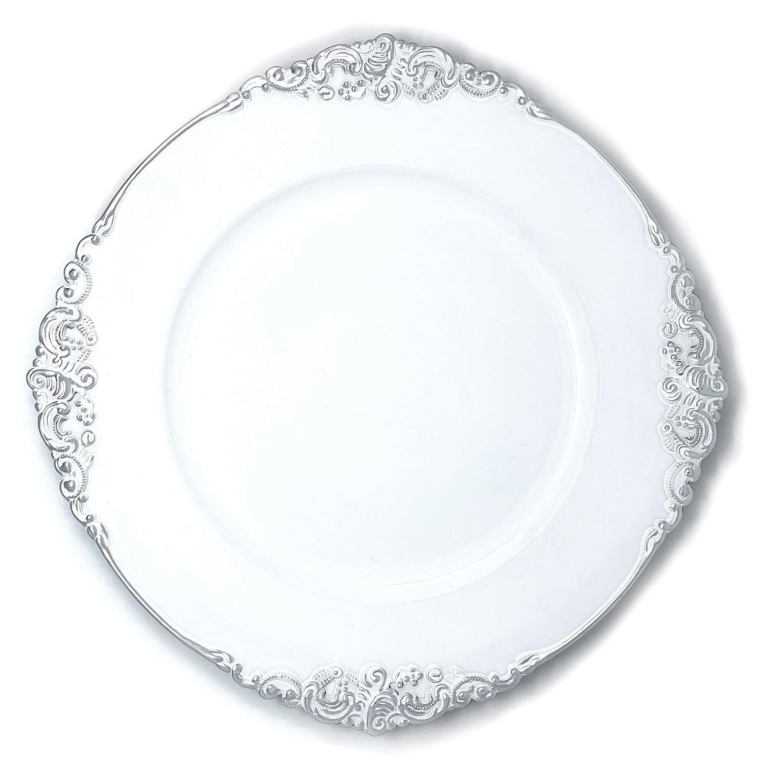 Allgala 13-Inch 6-Pack Heavy Quality Plastic Round Charger Plates-Floral White Silver Trim-HD80342