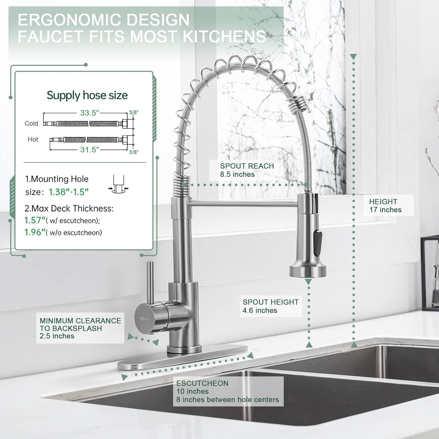 Besdor Kitchen Faucet with Pull Down Sprayer, Spring Single Handle Faucet for Kitchen Sink, Two Function Sprayer, 360-degree Rotation, with Deck Plate, 304 Food Grade Stainless Steel, Brushed Nickel