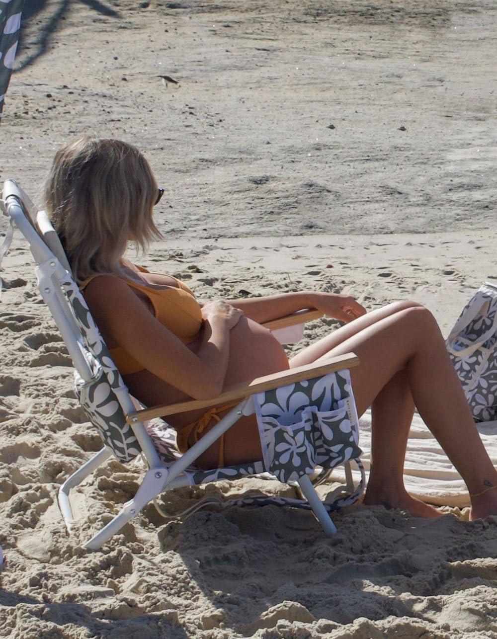 Sunnylife Reclining Beach Chair - The Vacay Olive. Converts from Backpack to Folding seat, with 5 Reclining Positions, Insulated Cooler Pocket and Adjustable Straps for Easy Carrying