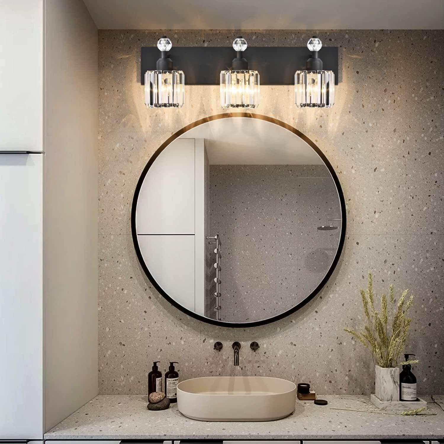 PRESDE Black Crystal Bathroom Lights Fixtures Over Mirror Modern 3 Light Vanity Lighting Bathroom Wall Light Fixtures(Exclude Bulb)
