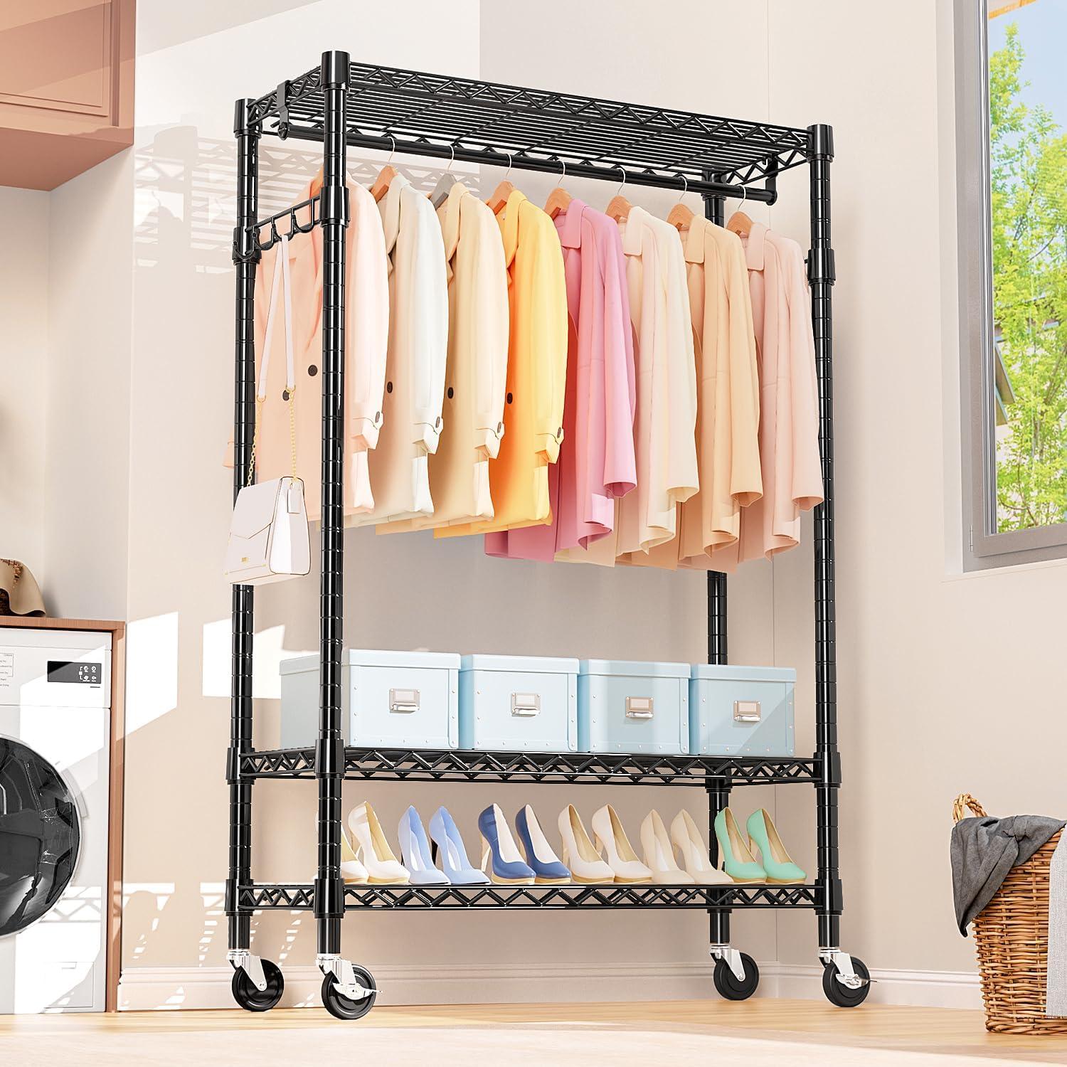 Heavy Duty Clothes Rack Rolling Garment Rack,3 Tier Adjustable Wire Shelving Clothing Racks for Hanging Clothes with Hanger Rod&Side Hooks,Freestanding Wardrobe Storage Rack Metal Portable Closet