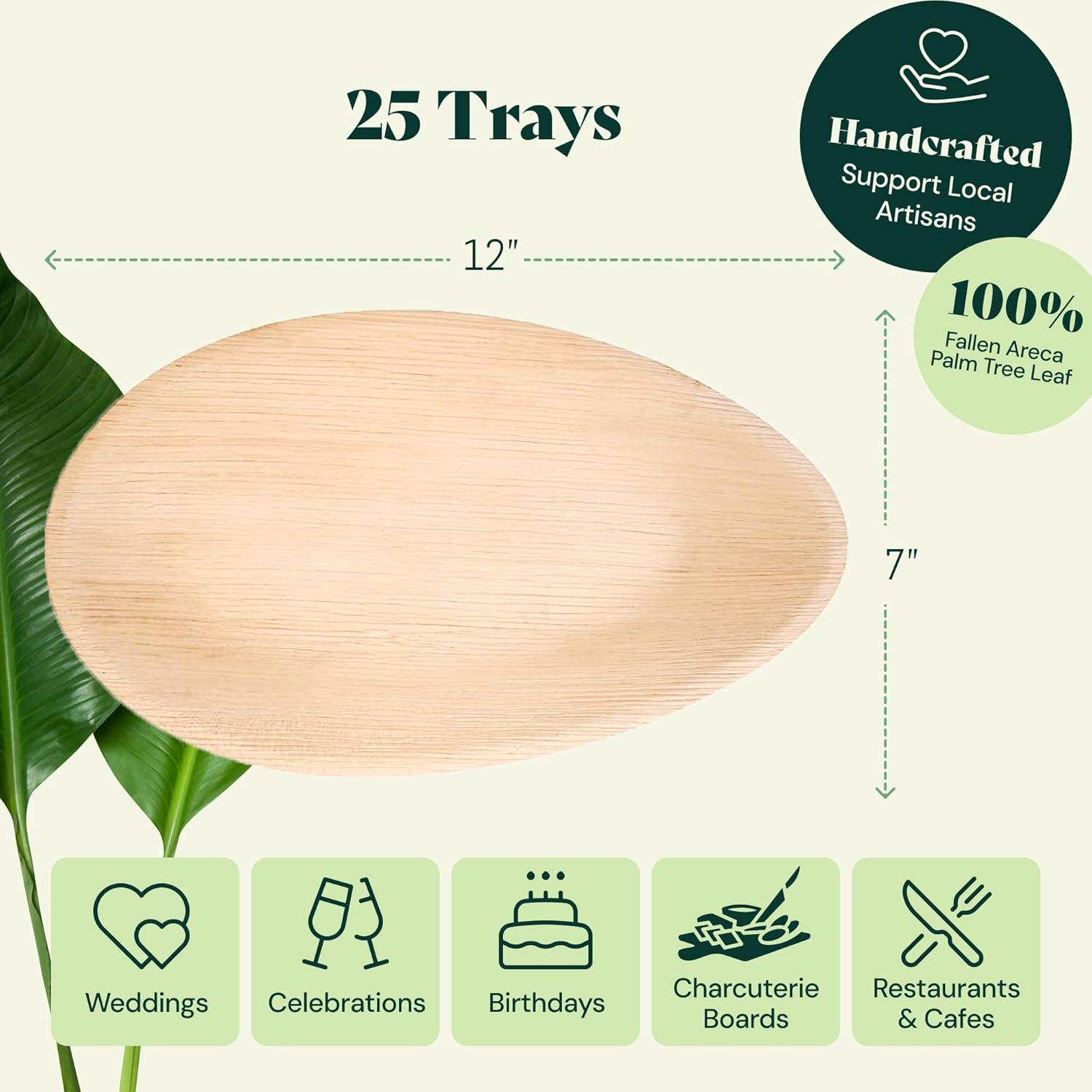 Chic Leaf Disposable Palm Leaf Trays, 17" x 12", 10 Pack, Compostable, Eco-Friendly Platters Charcuterie Board