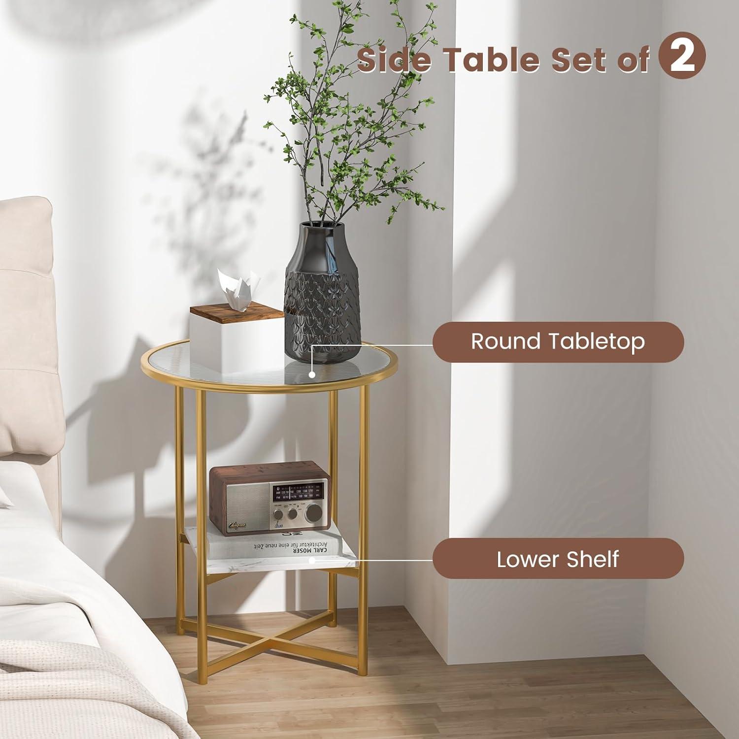 Kepooman End Tables,Side End Table,Nightstand,2-Tier Glass End Table Set of 2 with Faux Marble Storage Shelf-White