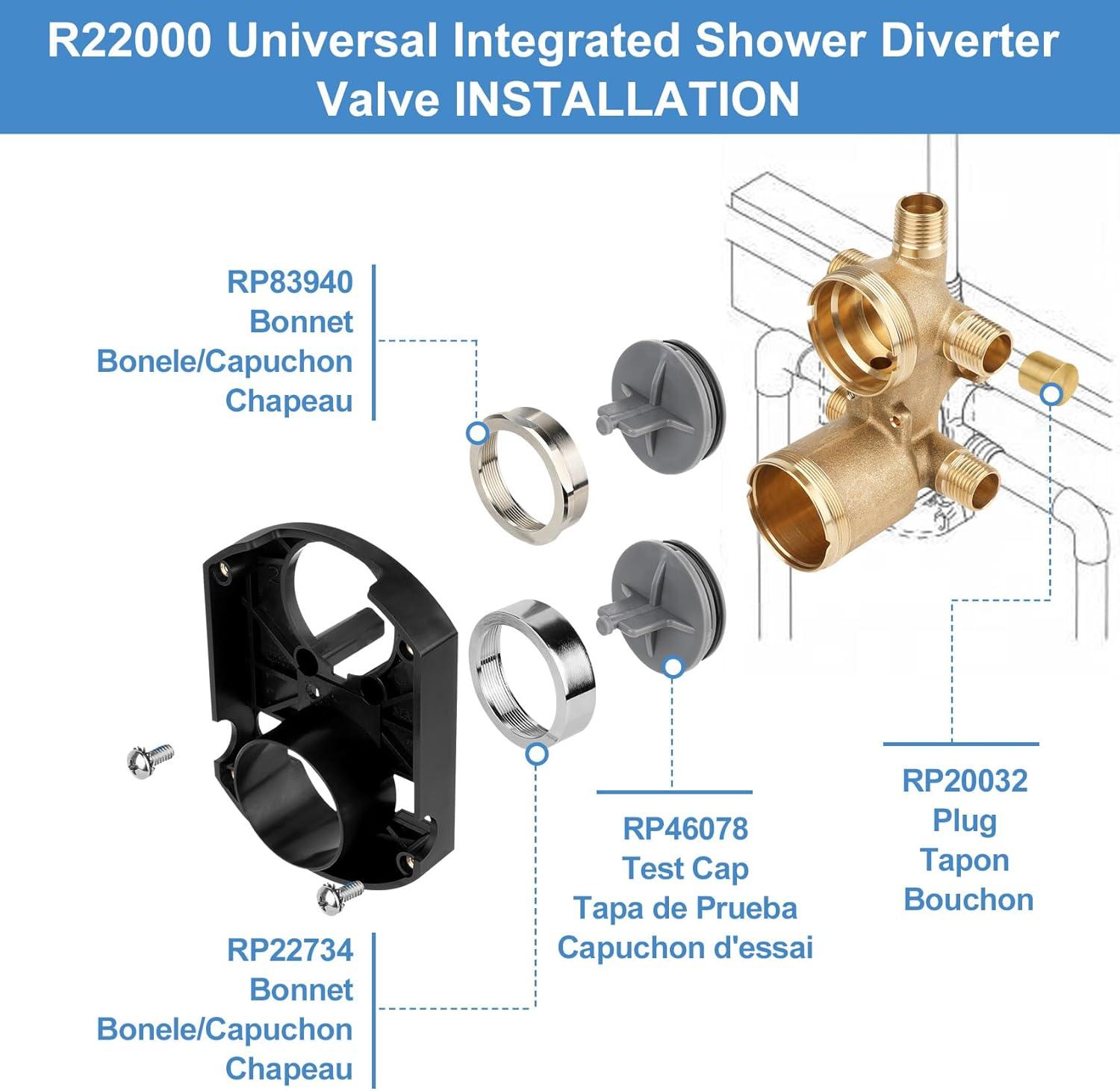 R22000 Shower Valve with Diverter 3-Way 6-Way Rough in Valve, R22000 Multichoice Universal Rough-In kit with Integrated Diverter