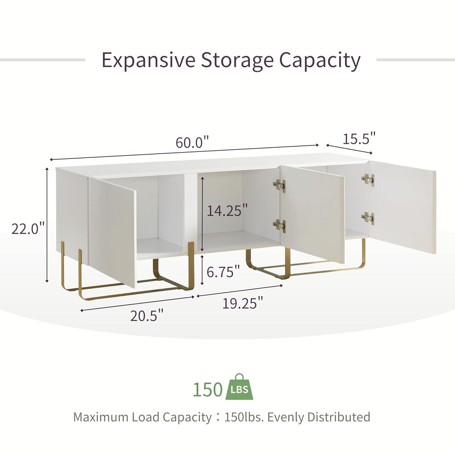 Mignon Contemporary Modern  60" TV Stand with 3 Storage Cabinets, Fits 65 Inches, Entertainment Center Console for Family, Living Room & Bedroom, Metal Legs, White