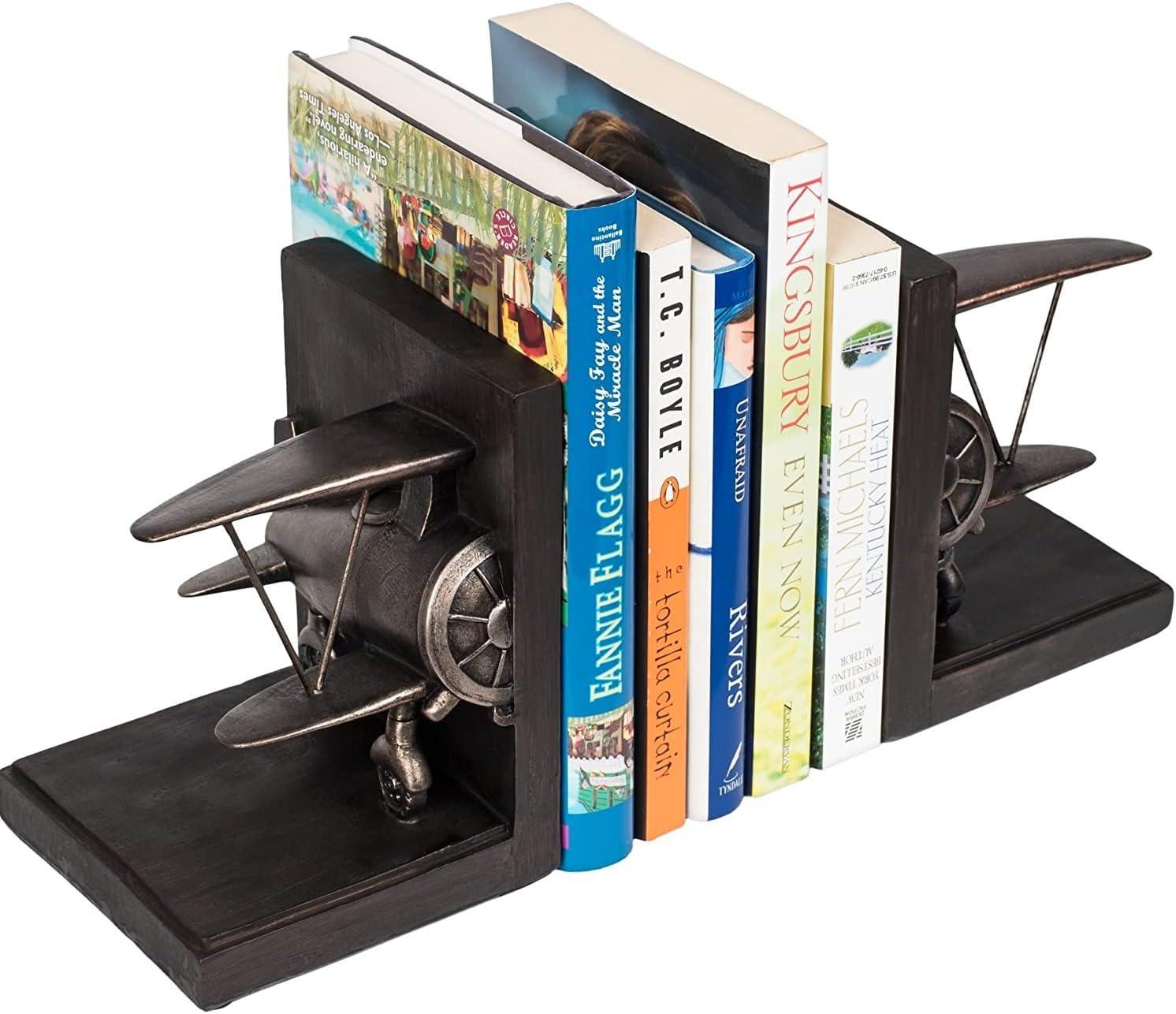 Aviator's Dream Biplane Bookends Set in Bronze and Wood Finish