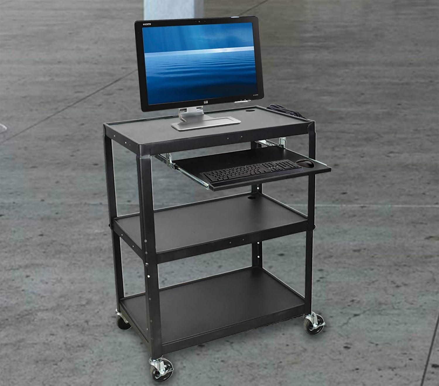 Extra Wide Steel Adjustable Height AV Cart With Pullout Keyboard Shelf