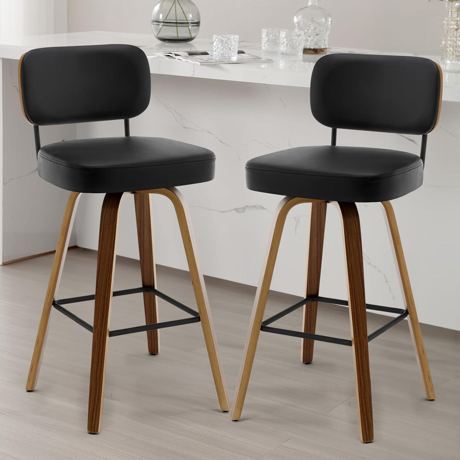 Black Faux Leather Swivel Bar Stools with Walnut Bentwood Legs, Set of 2