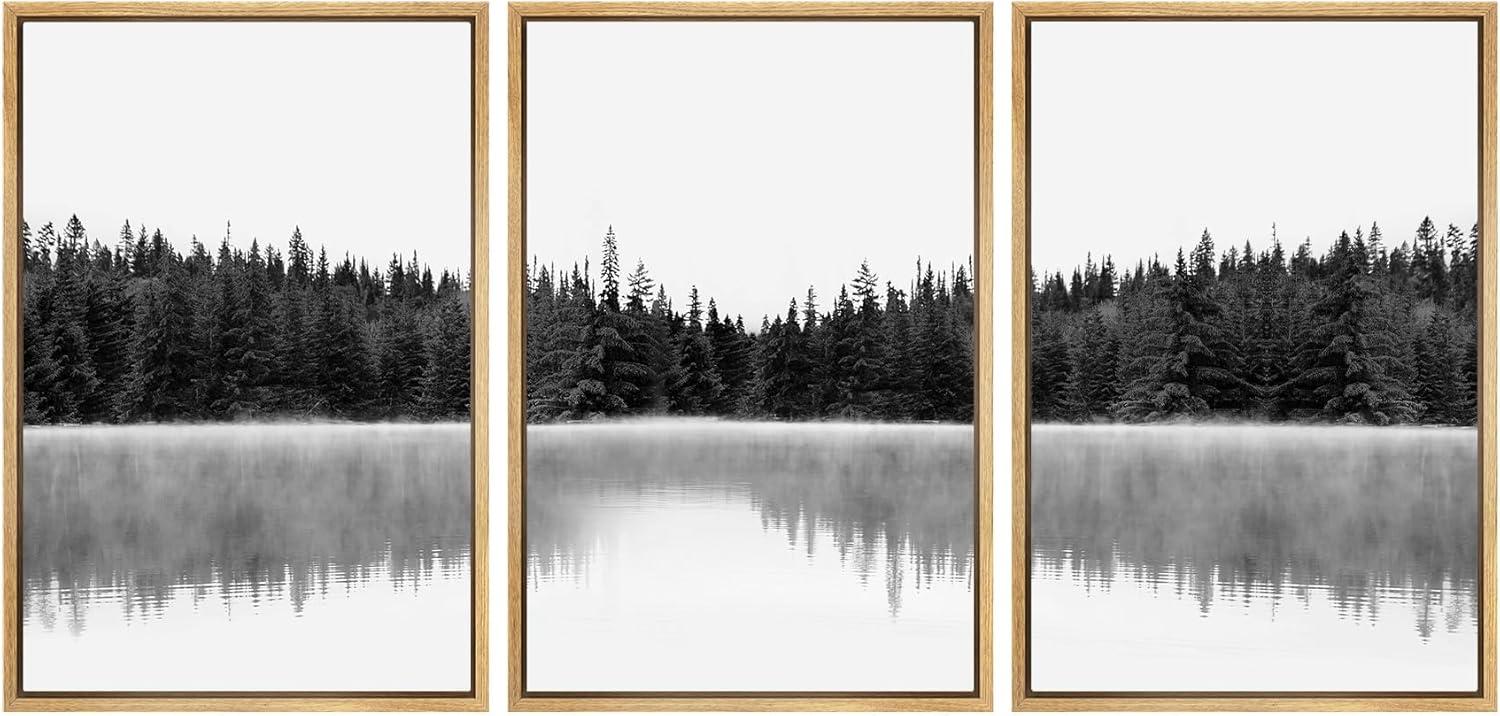 Nature Landscape " Woodland Nursery Decor Black And White Forest With Lake Nature Abstract " 3 - Pieces