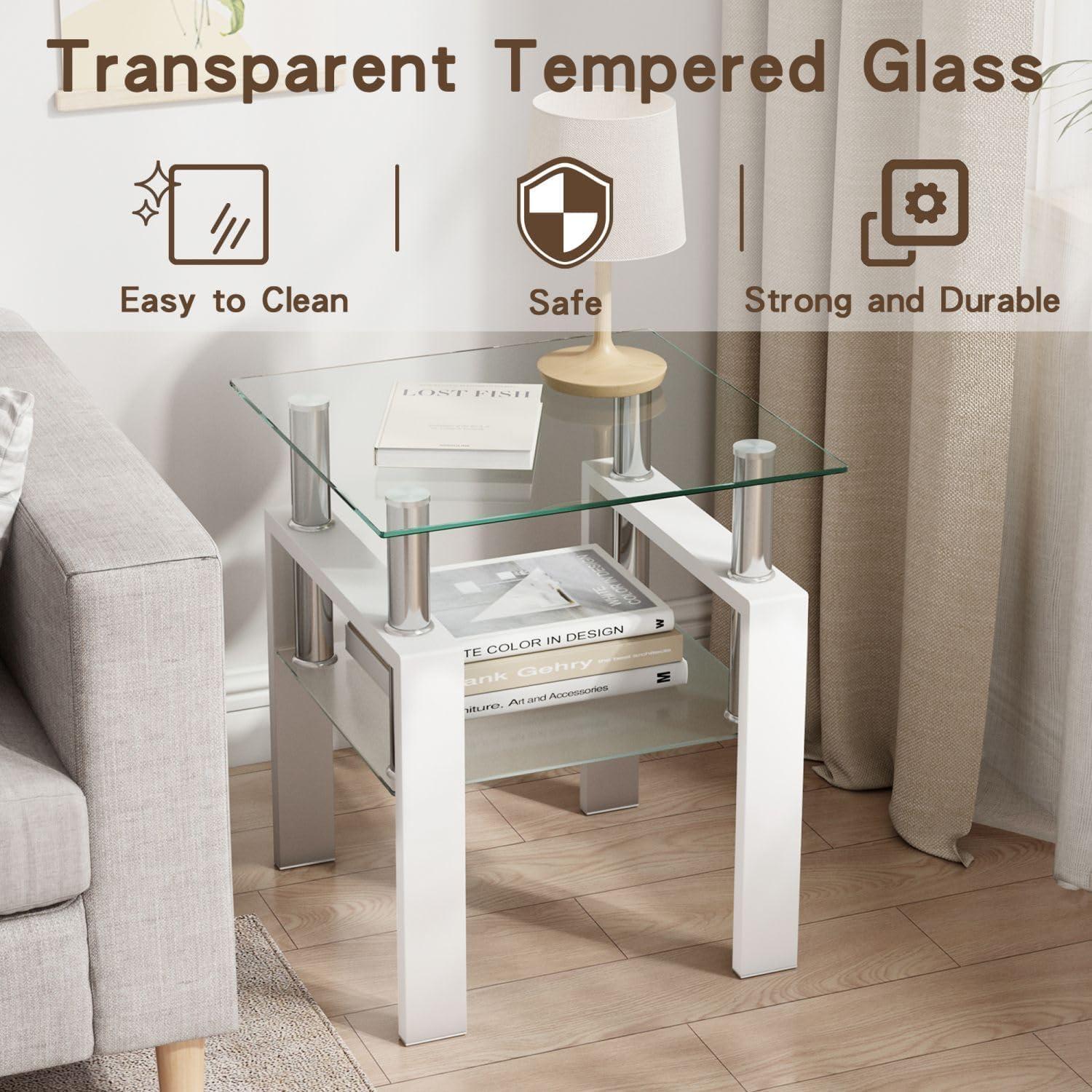 2-Tier Tempered Glass End Table Set of 2, Modern Sofa Side Table with Open Storage Shelf, Steel Pipe and Metal Legs, Square Tea Table, Glass Nightstand for Living Room Bedroom Office, White