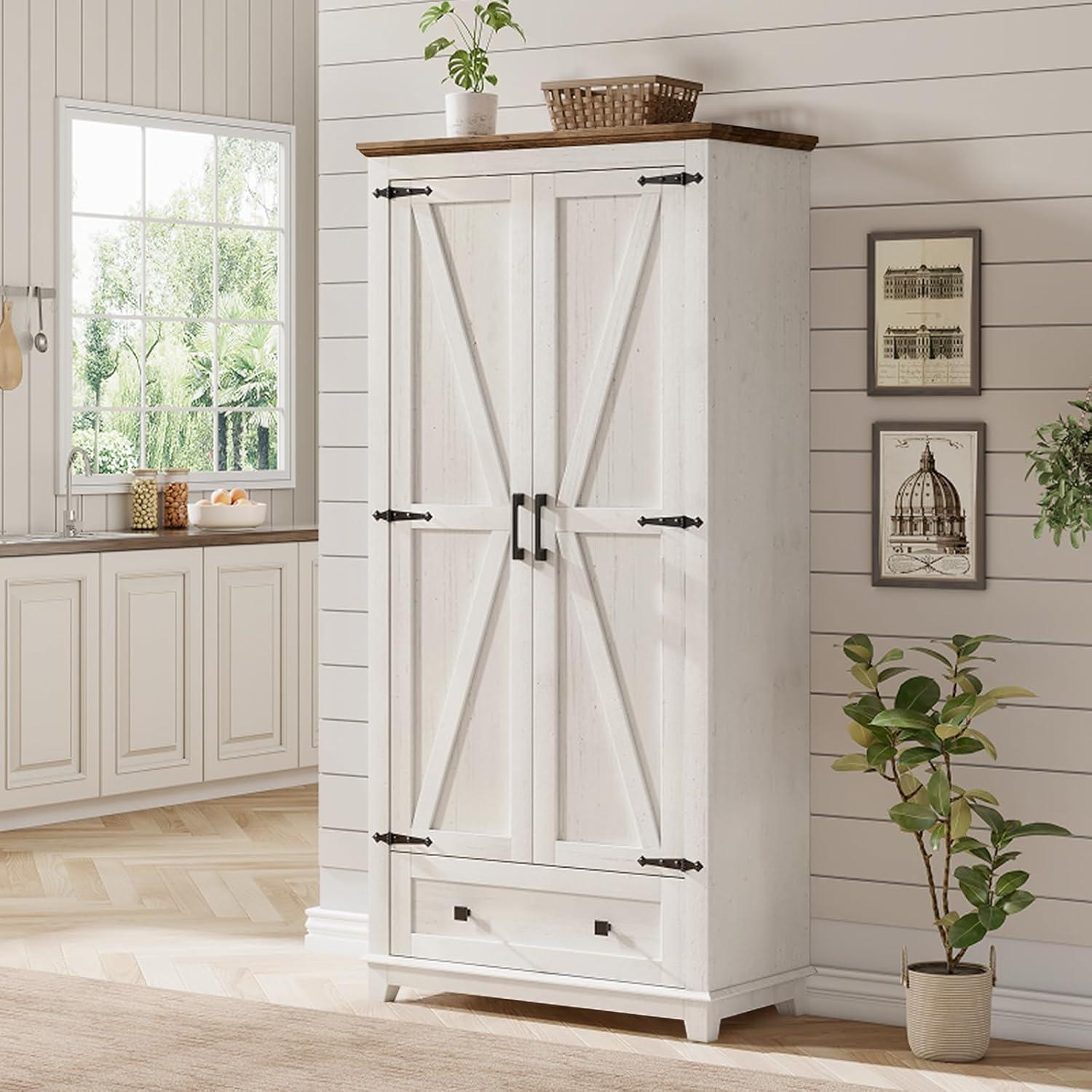 Barnwood and White Farmhouse Kitchen Pantry Cabinet with Adjustable Shelves