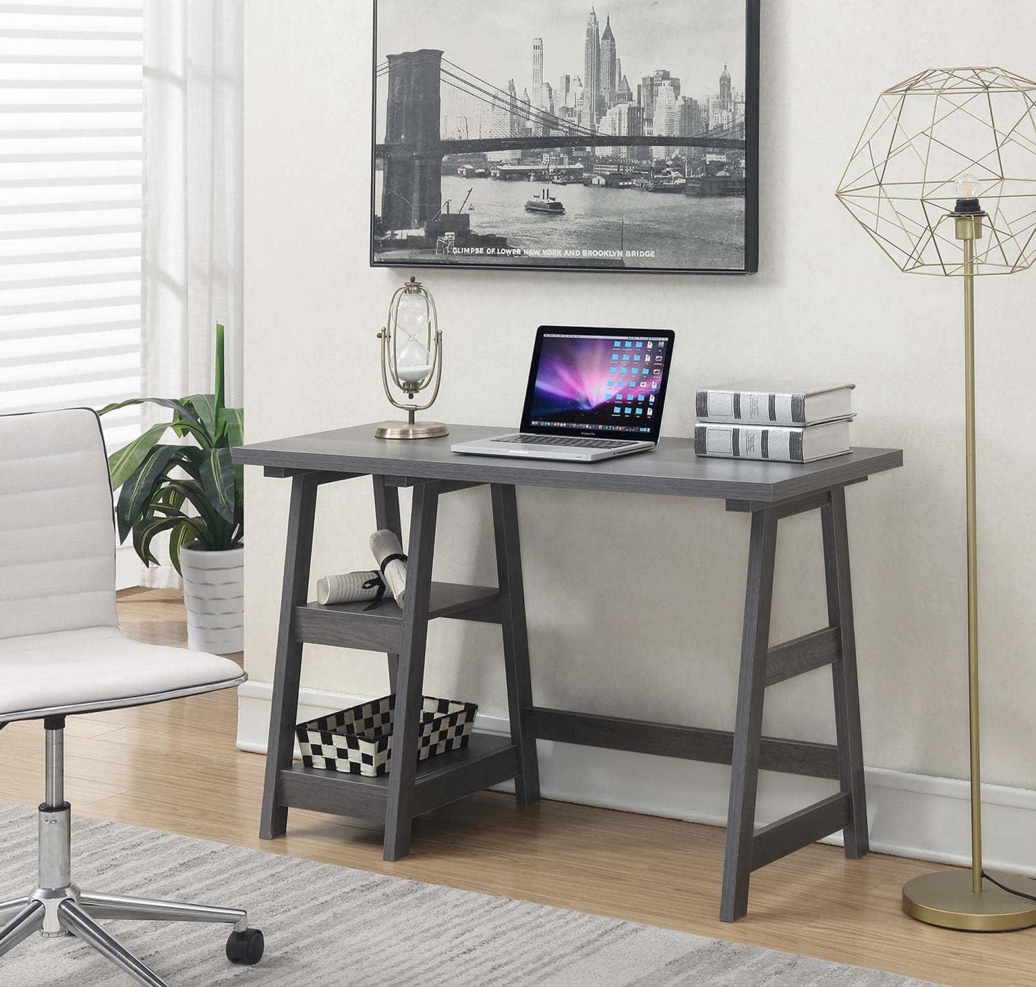 Charcoal Gray 47" Wood Trestle Desk with Shelves