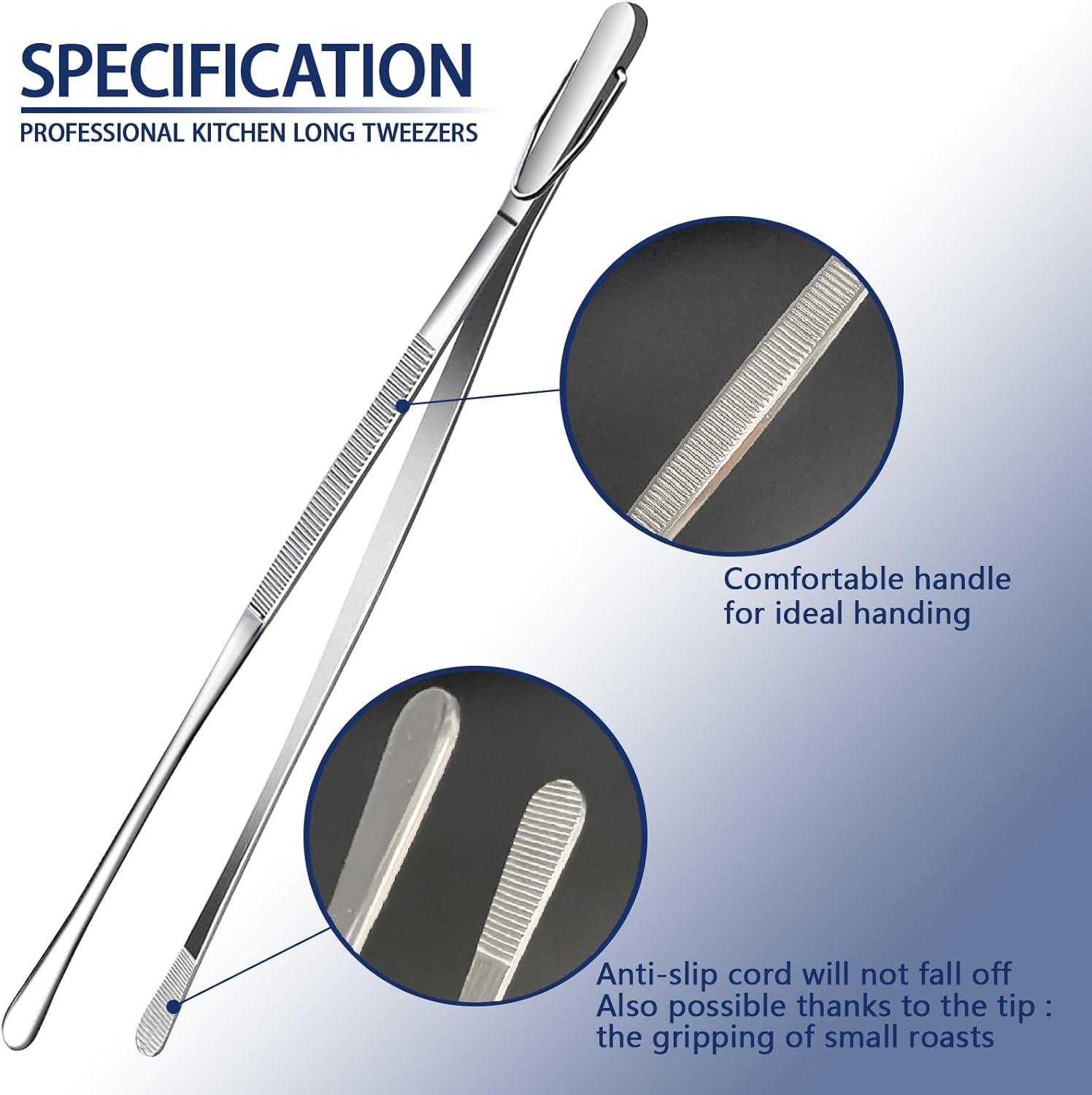 Bentne 12Inch Fine Tweezer Tongs 2pcs Extra Long Stainless Steel Tweezers Tongs for Outdoor BBQ Daily Cooking