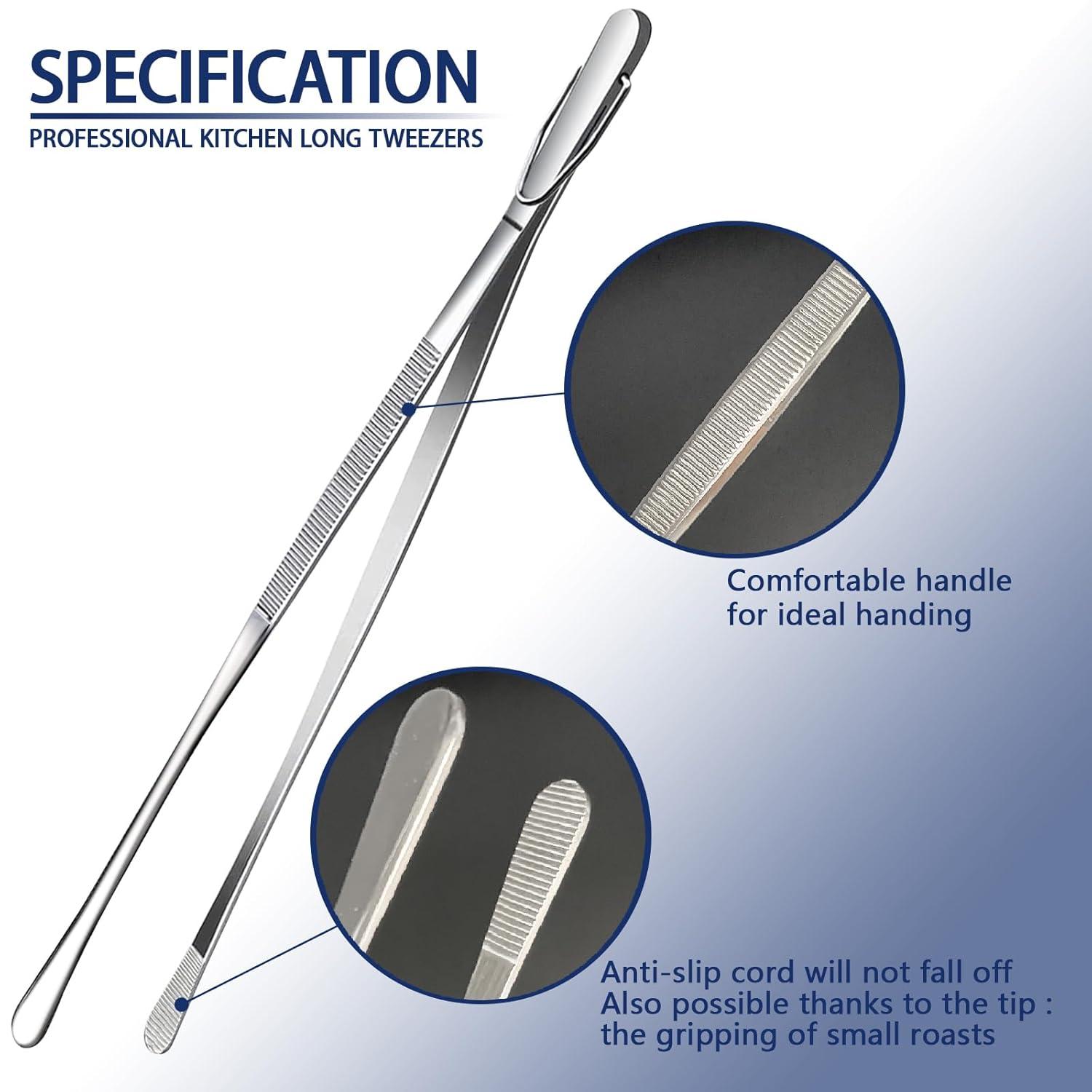 Bentne 12Inch Fine Tweezer Tongs 2pcs Extra Long Stainless Steel Tweezers Tongs for Outdoor BBQ Daily Cooking