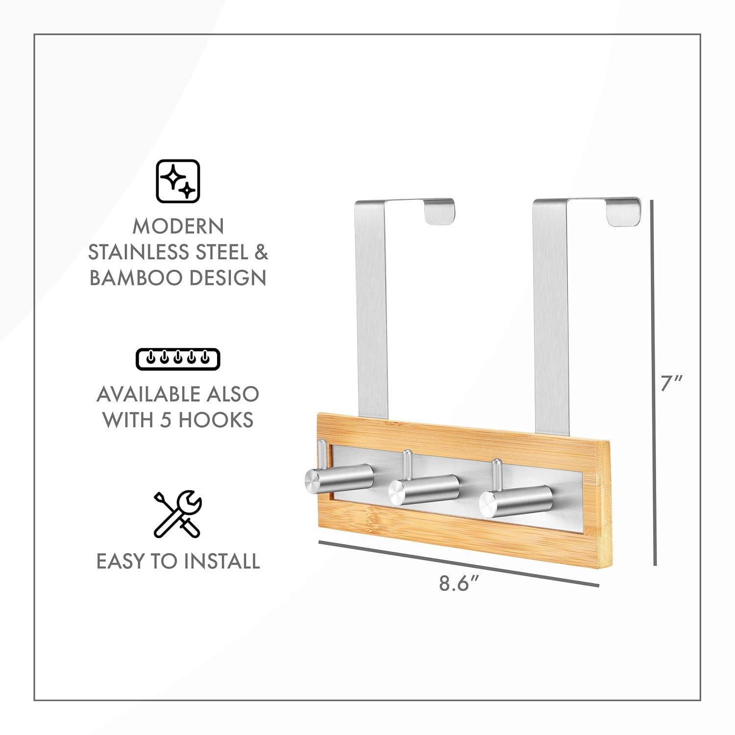 ToiletTree Products Bamboo and Stainless Steel Over-the-Door Hooks - 3 Hook Towel Rack for Bathroom, Utility, and Closet Organization