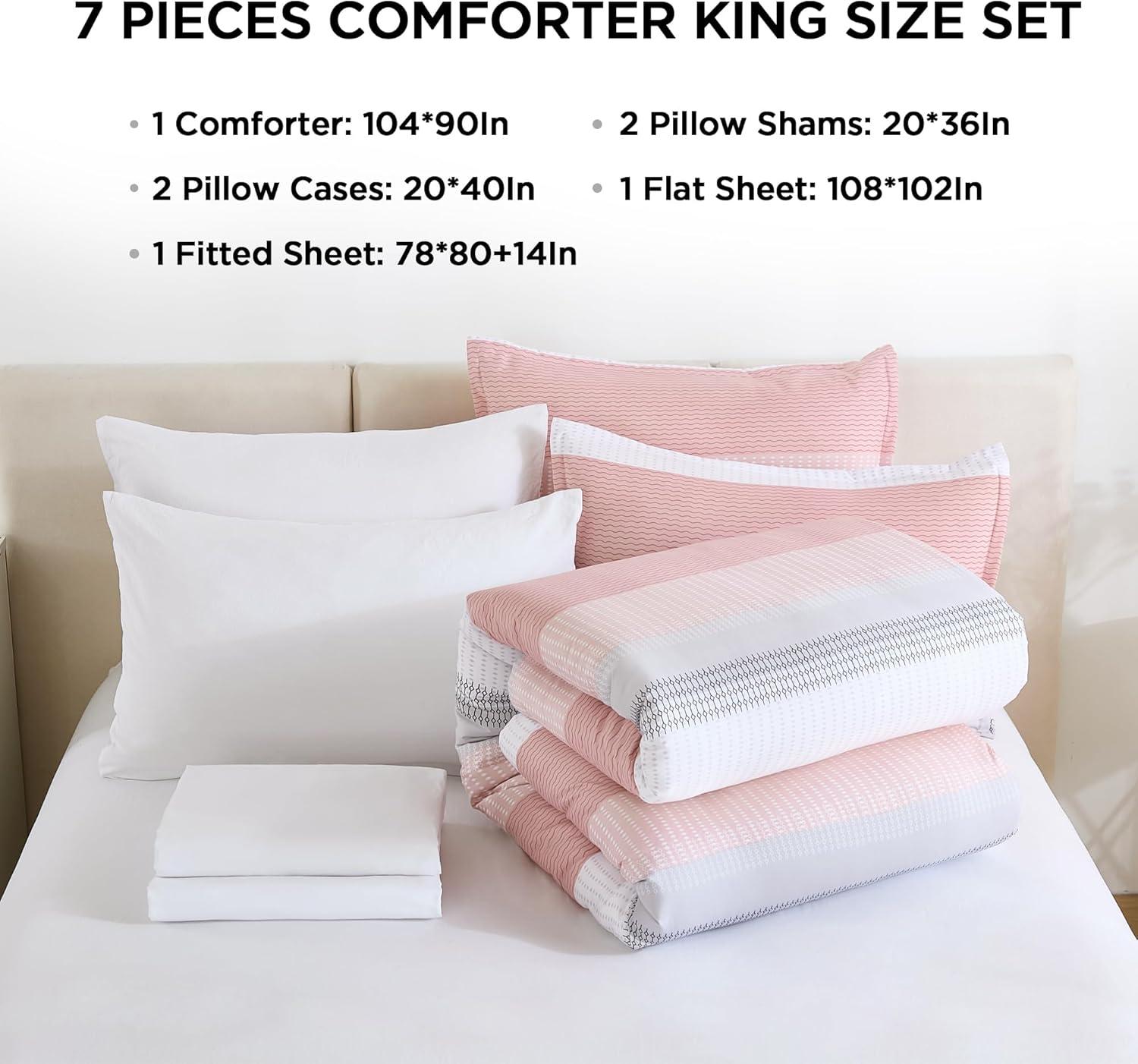 7 Pieces Comforter Set for All Seasons Pink - King